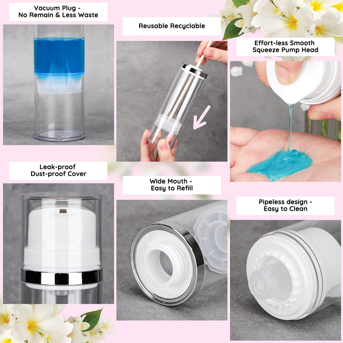 Segbeauty 5oz Clear Refillable Cosmetic Containers,Pack of 3 Airless Pump Bottles 150ml Empty Travel Size Bottles Airless Cosmetic Pump Container Vacuum Cosmetic Travel Bottle for Toiletries
