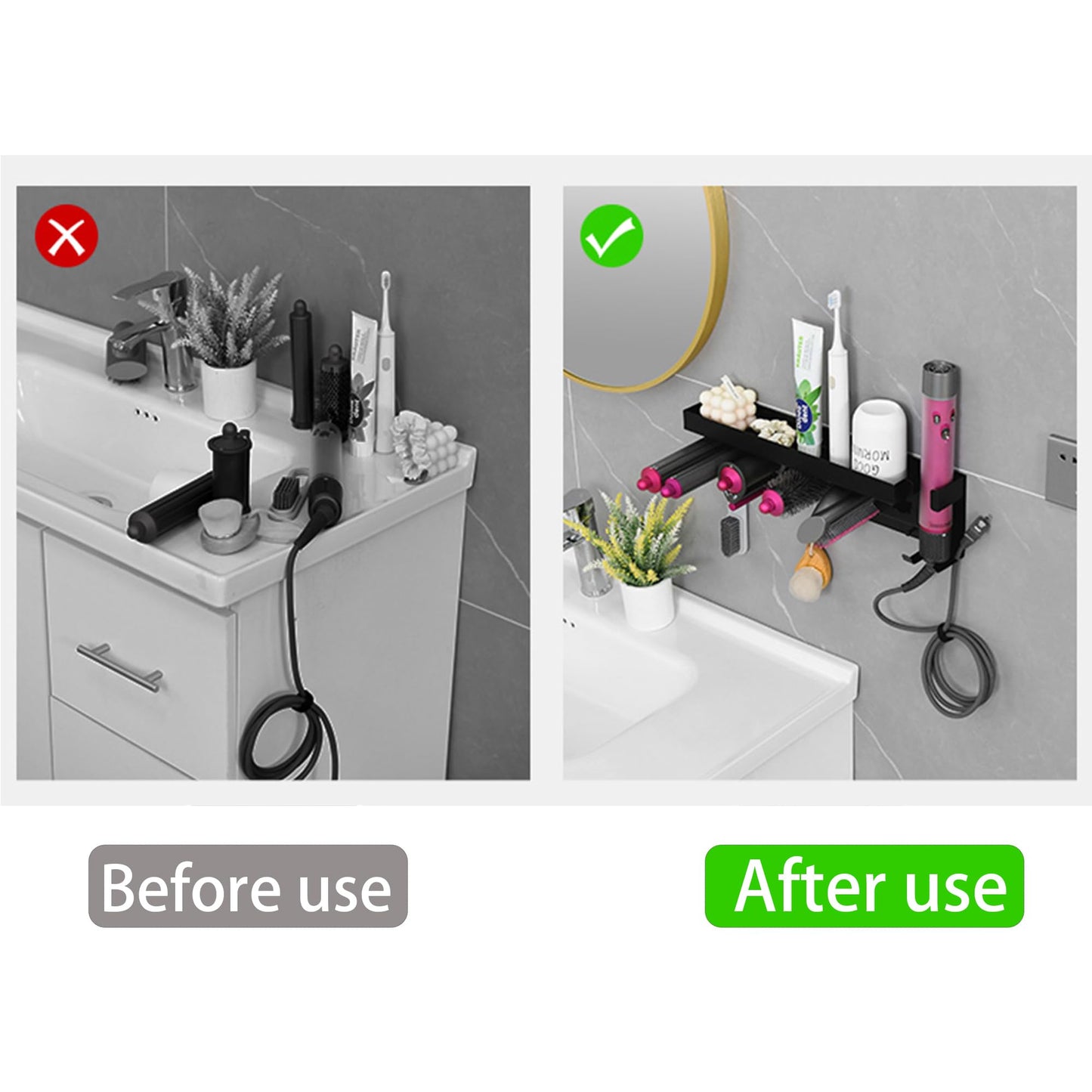KLroad Aluminum Hair Tool Organizer Wall Mount & Countertop Hair Dryer Holder for Dyson Airwrap Styler and Supersonic Hair Dryer with 7 Slots Bathroom Accessories Rack