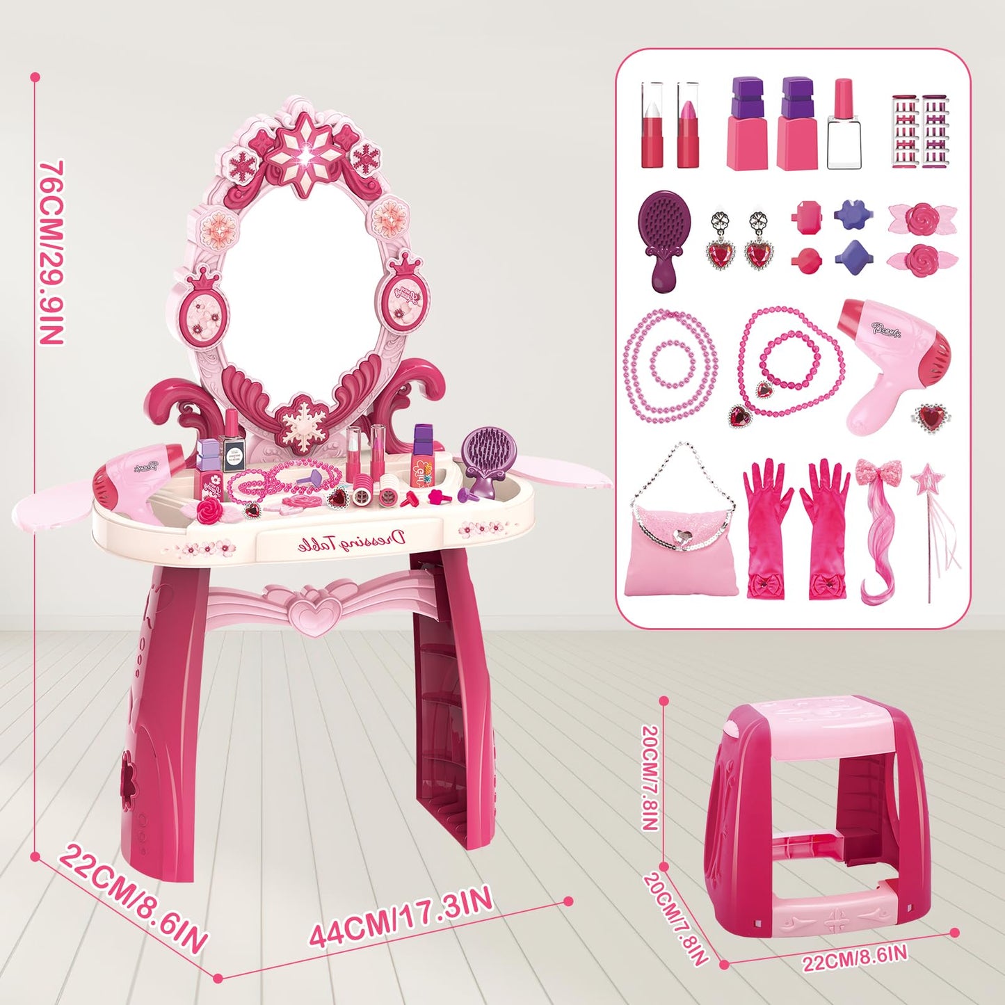 deAO Kids Vanity Table and Chair Set with Mirror and Chair, Toddler Vanity with Light & Music, Pretend Play Makeup & Hair Dryer Toy, Beauty Salon Gift for Girls Ages 3-5