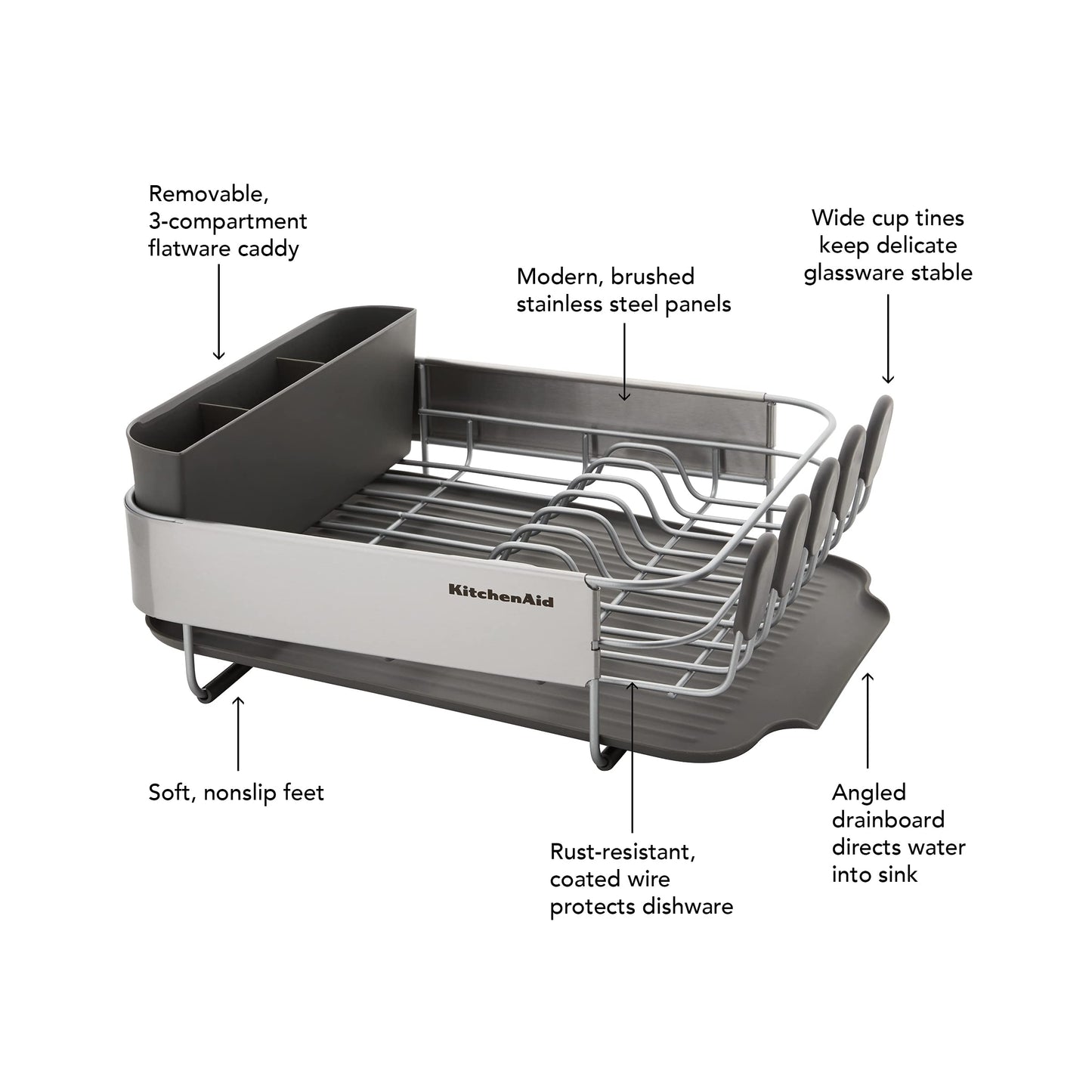 KitchenAid Compact, Space Saving Rust Resistant Dish Rack, with Angled Self Draining Drain Board and Removable Flatware Caddy, 16.06-Inch, Gray