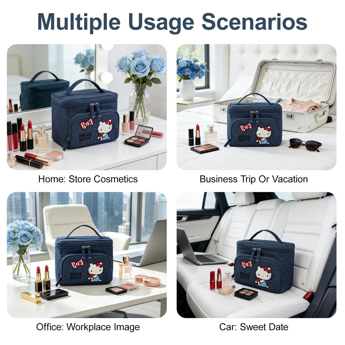 AmBealla Makeup Bag Large Cosmetic Bags,Denim Cute Embroidered Makeup Organizer for Women Traveling,Portable Toiletry Bag for Girls