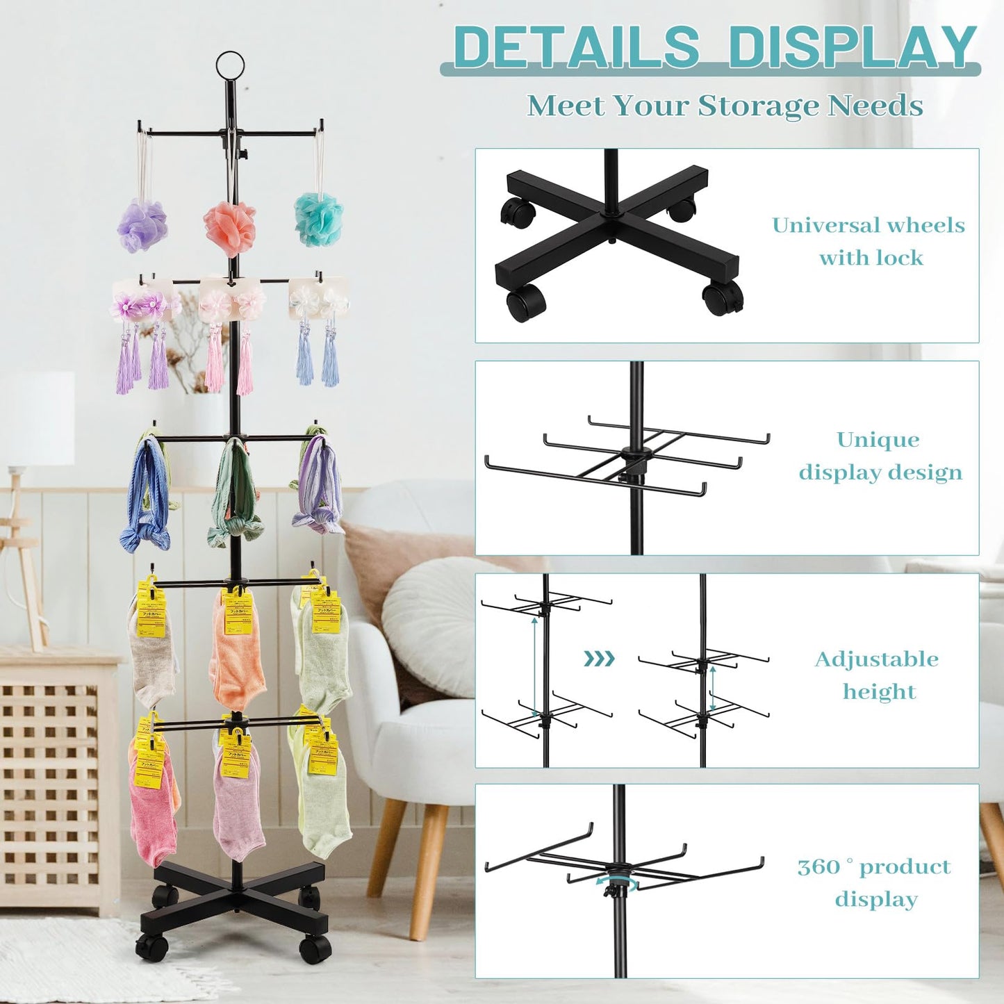 Flenpptly Retail Display Stand Rotating Display Rack 5 Tier Spinning Display Stand for Craft Shows, Jewelry, Keychain, Earring Adjustable Height Retail Display Racks (5-Tier Black)