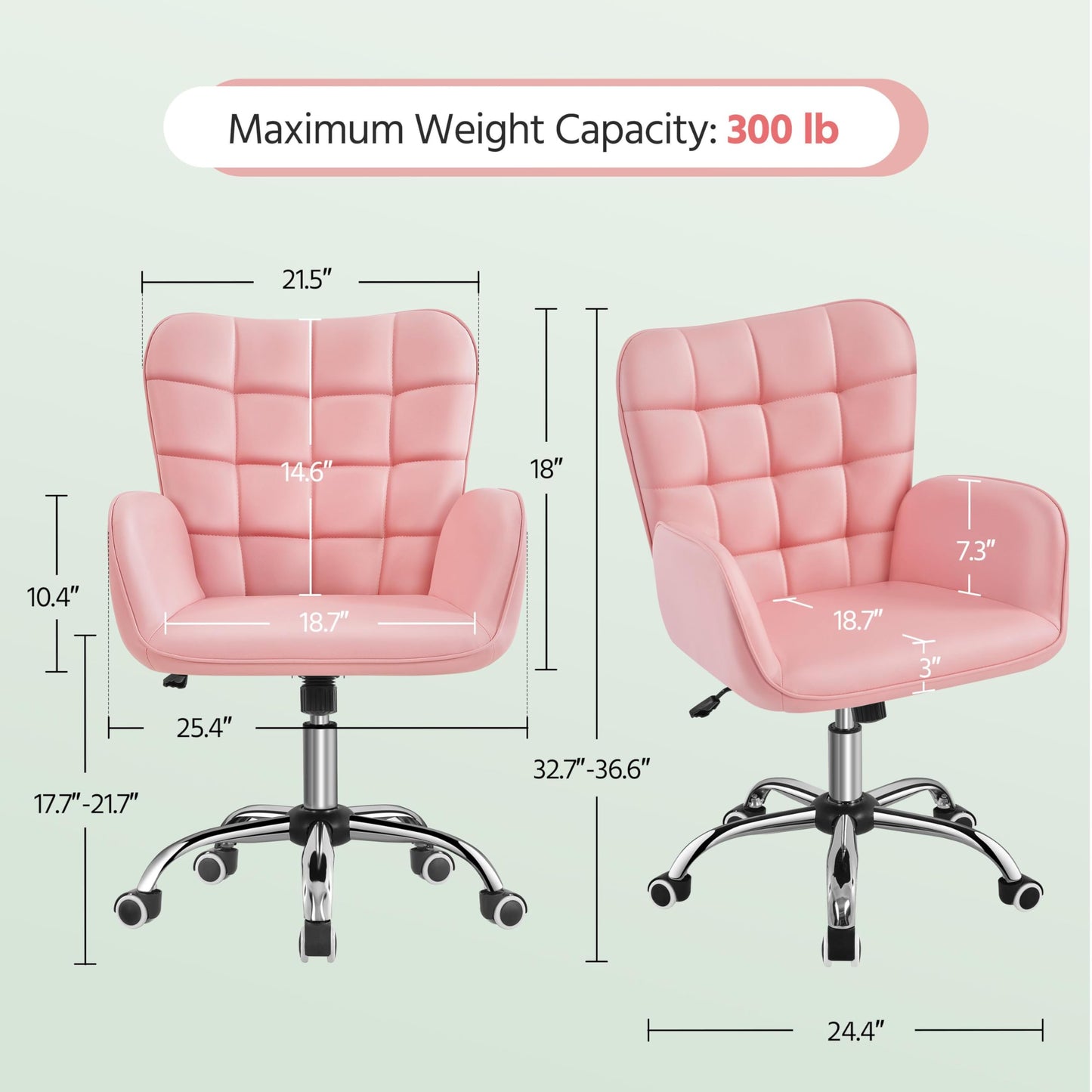 Yaheetech Modern Faux Leather Office Chair Ergonomic Adjustable Vanity Makeup Chair with Padded Armrests Big Seat for Office, Study, Home, Pink