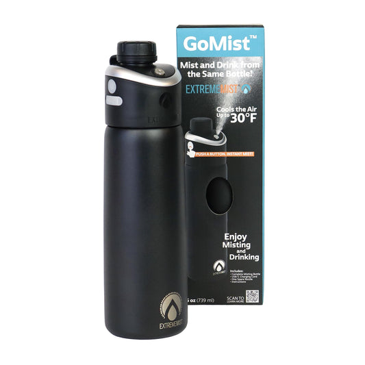 Extreme MIST - GoMist Misting & Drinking Bottle - Personal Mister - Cooling Water Bottle w/Easy-Drink Spout - Stainless-Steel Double Wall Insulated - Portable Misting - Midnight Black, 25oz/750ml