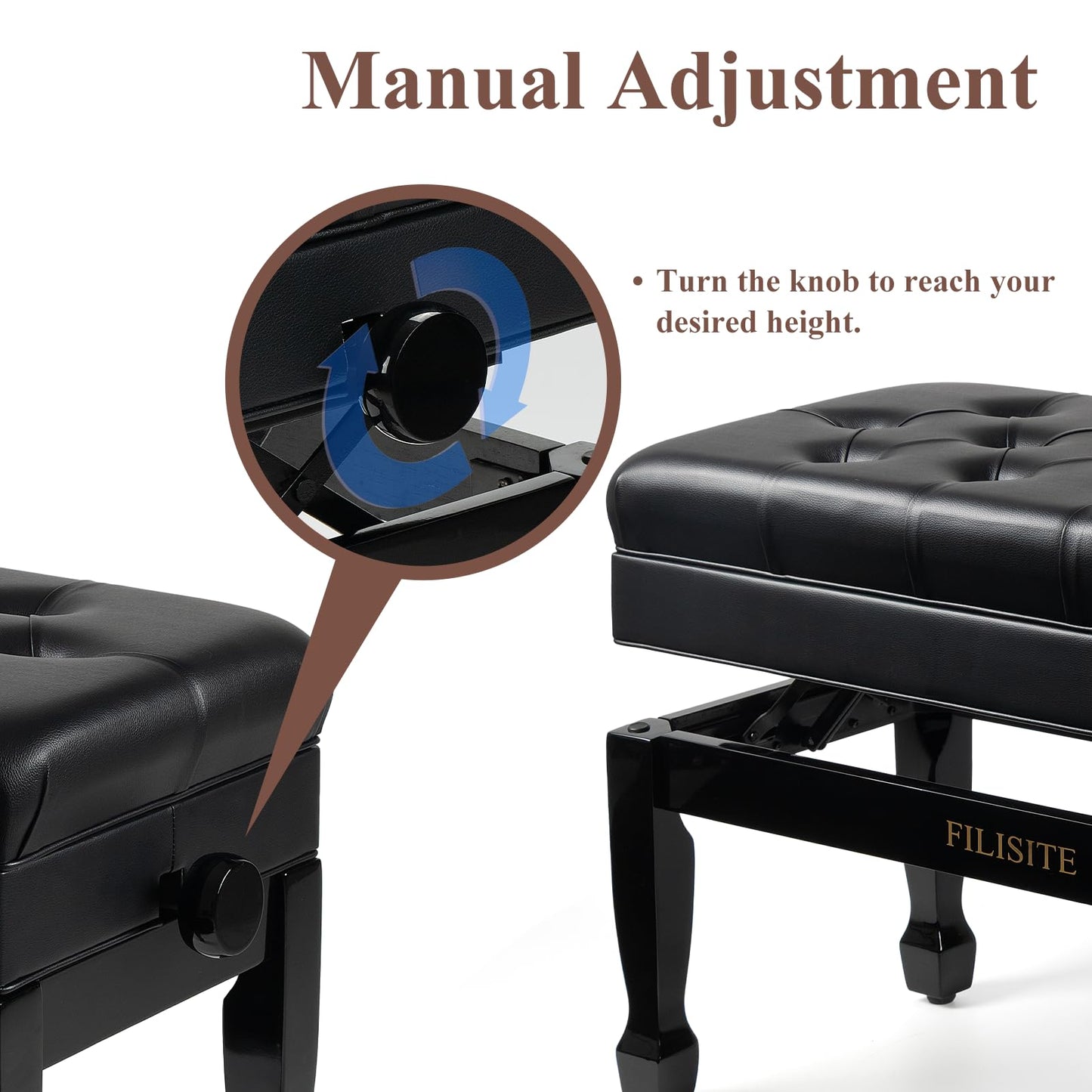 FILISITE Adjustable Duet Piano Bench with Storage, Heavy Duty Solid Wood Double Piano Stool Keyboard Bench Seat with PU Leather Padded Cushion (Black)