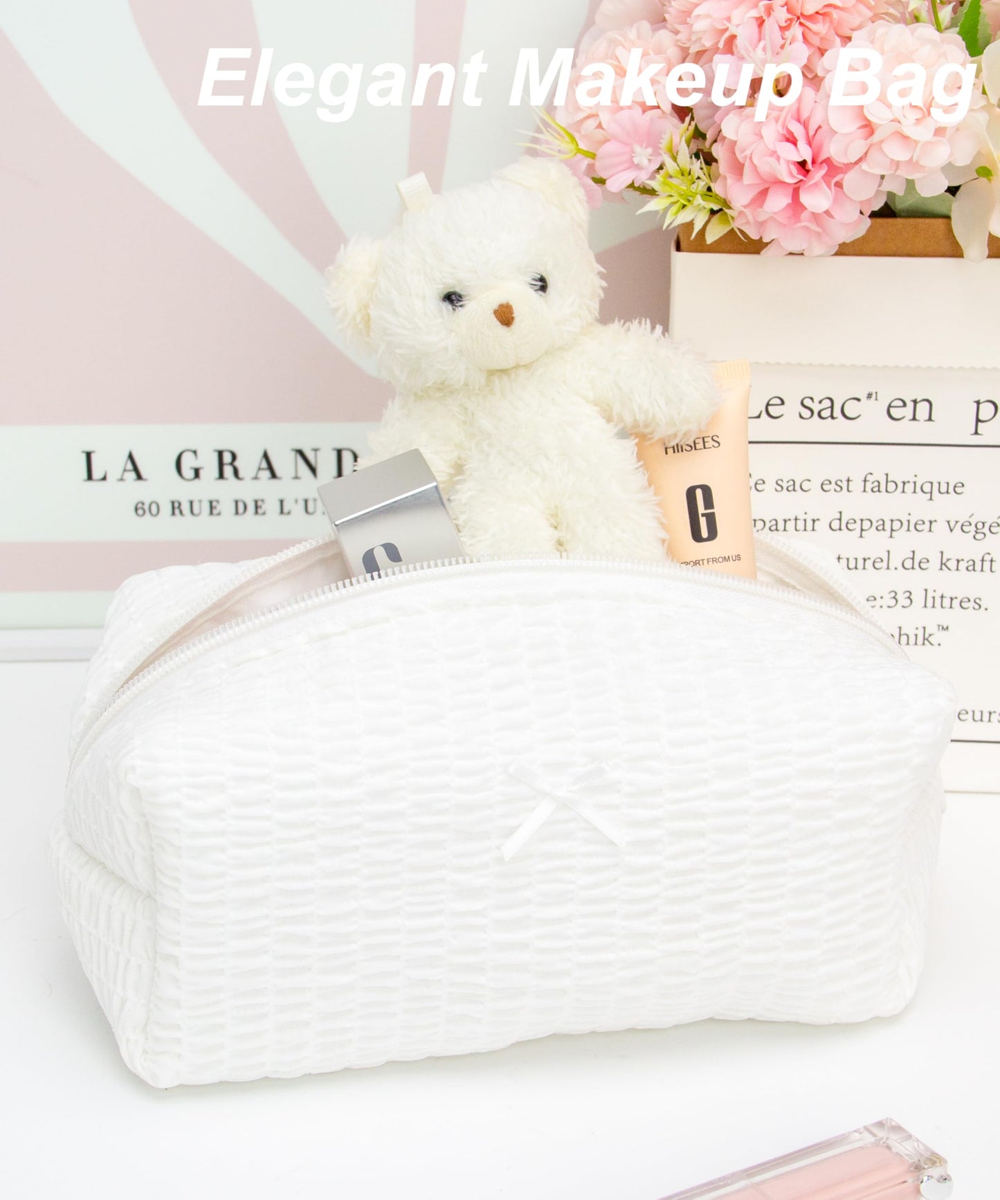 PAZIMIIK 6PCS Cozy Makeup Bag Small Aesthetic Travel Zipper Cosmetic Pouch for Women Make Up Beauty Accessories Brushes, Bubble White