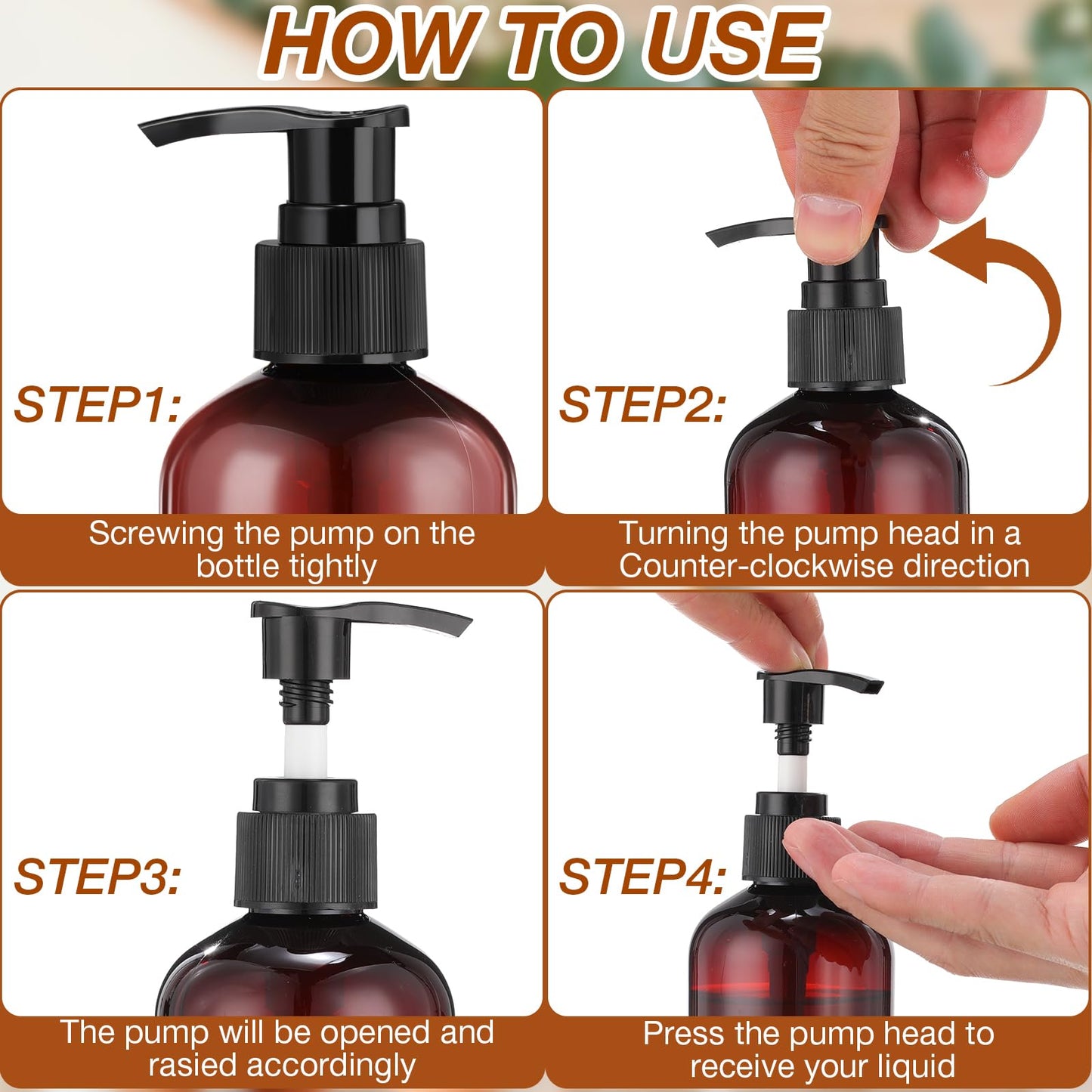 Eaasty 48 Pcs Pump Bottle Lotion Dispenser Refillable Shampoo Conditioner Hand Soap Dispenser Plastic Empty 8oz/250ml Clear Reusable Body Wash Container Bulk (Amber)