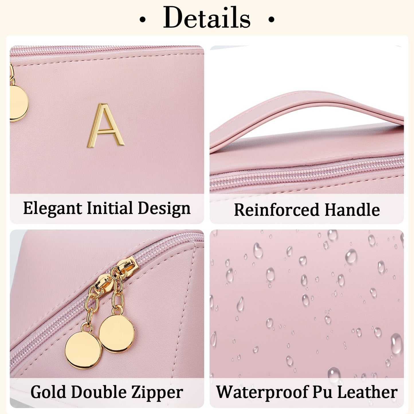 CLOUDWINGS Initial Makeup Bag Gifts for Women Bridesmaid Gifts Travel Toiletry Personalized PU Leather Waterproof Cosmetic Bag (Large-Pink-A)