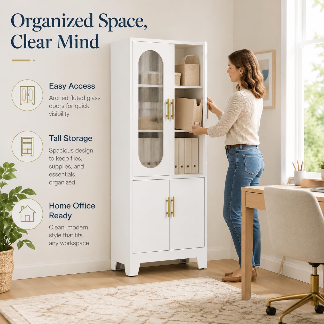 Garvee 74" H Tall Storage Cabinet, Freestanding Pantry Cabinet, Frosted Glass and Fluted Doors, 4 Door Cabinet with Adjustable Shelf, for Kitchen, Bathroom, Dining Room, Living Room, Office, White
