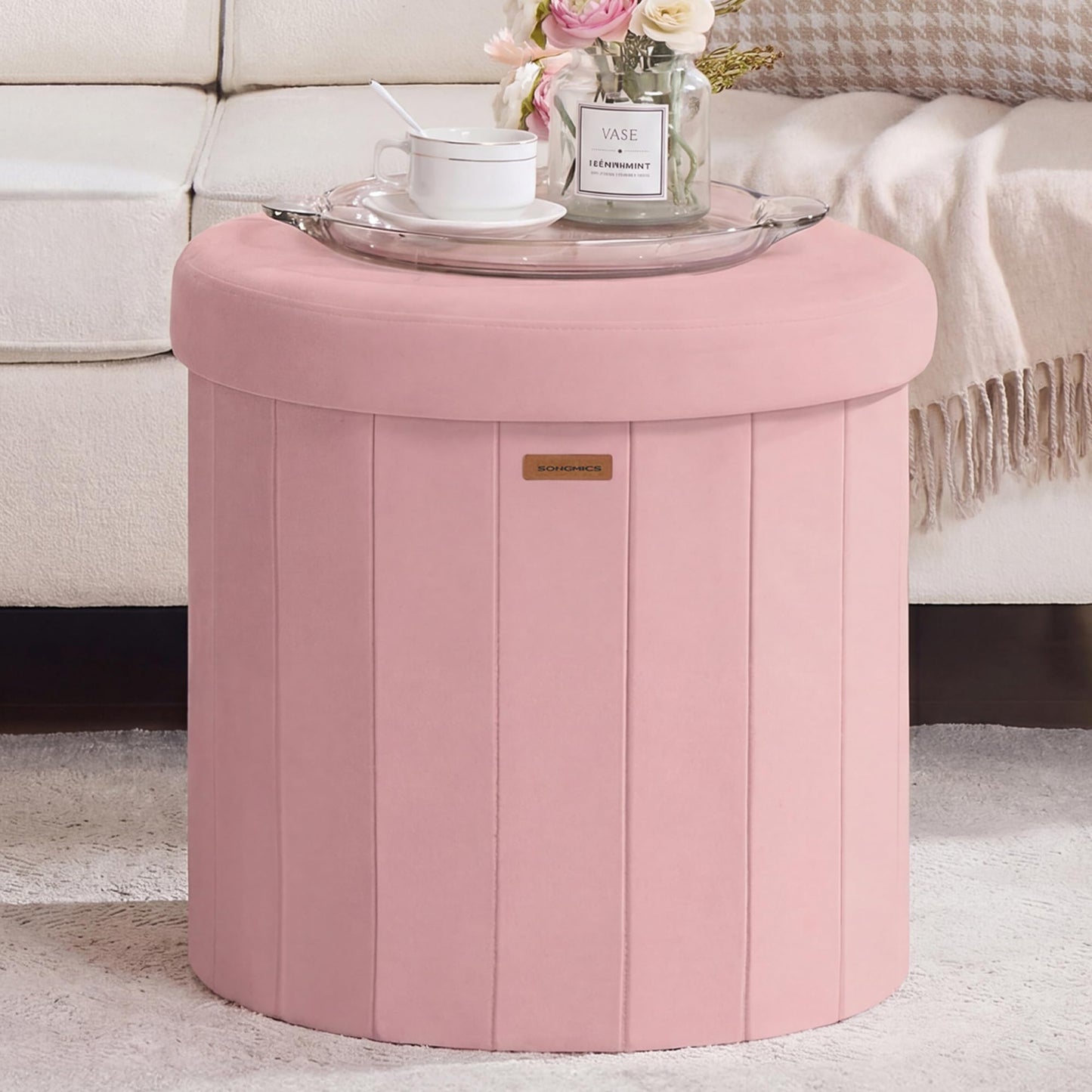 SONGMICS Mazie Collection - Round Storage Ottoman, Folding Footrest Stool with Removable Lid, Easy Assembly, Velvet Vanity Stool for Bedroom, Living Room, Entryway, Jelly Pink ULSF608R01