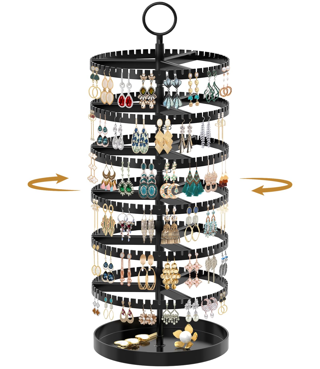 MODOWEY 6 Tier Rotating Earring Holder Organizer Display Tree with Metal Tray, Adjustable Plastic Stand with 342 Slots for Stud Hoop Hanger, Large Capacity Storage Rack for Women Space Saving, Black