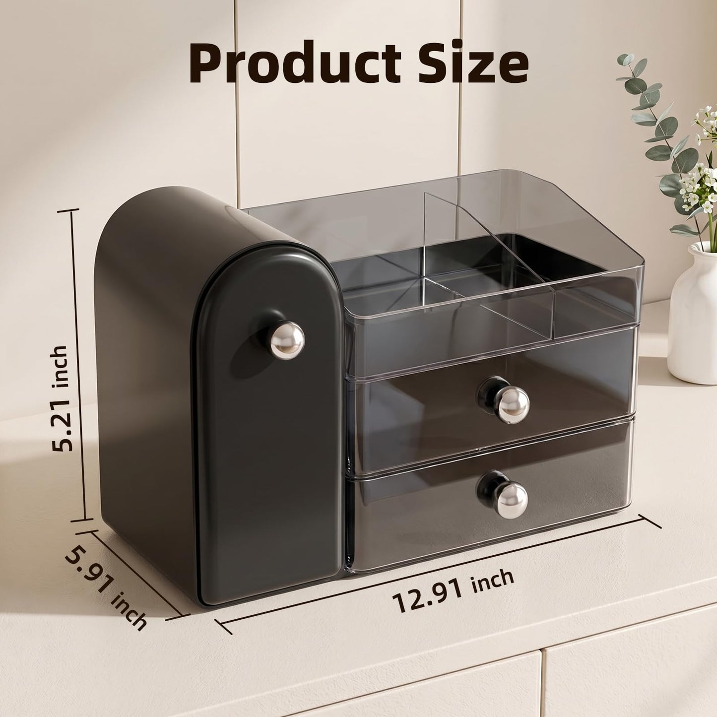 Makeup Organizer with Dustproof Brush Holder, Large Capacity Skincare & Cosmetic Storage for Vanity, 3-Tier Bathroom Countertop Organizer with Drawers for Perfume, Lipstick, Mask, Ideal Gift (Black)