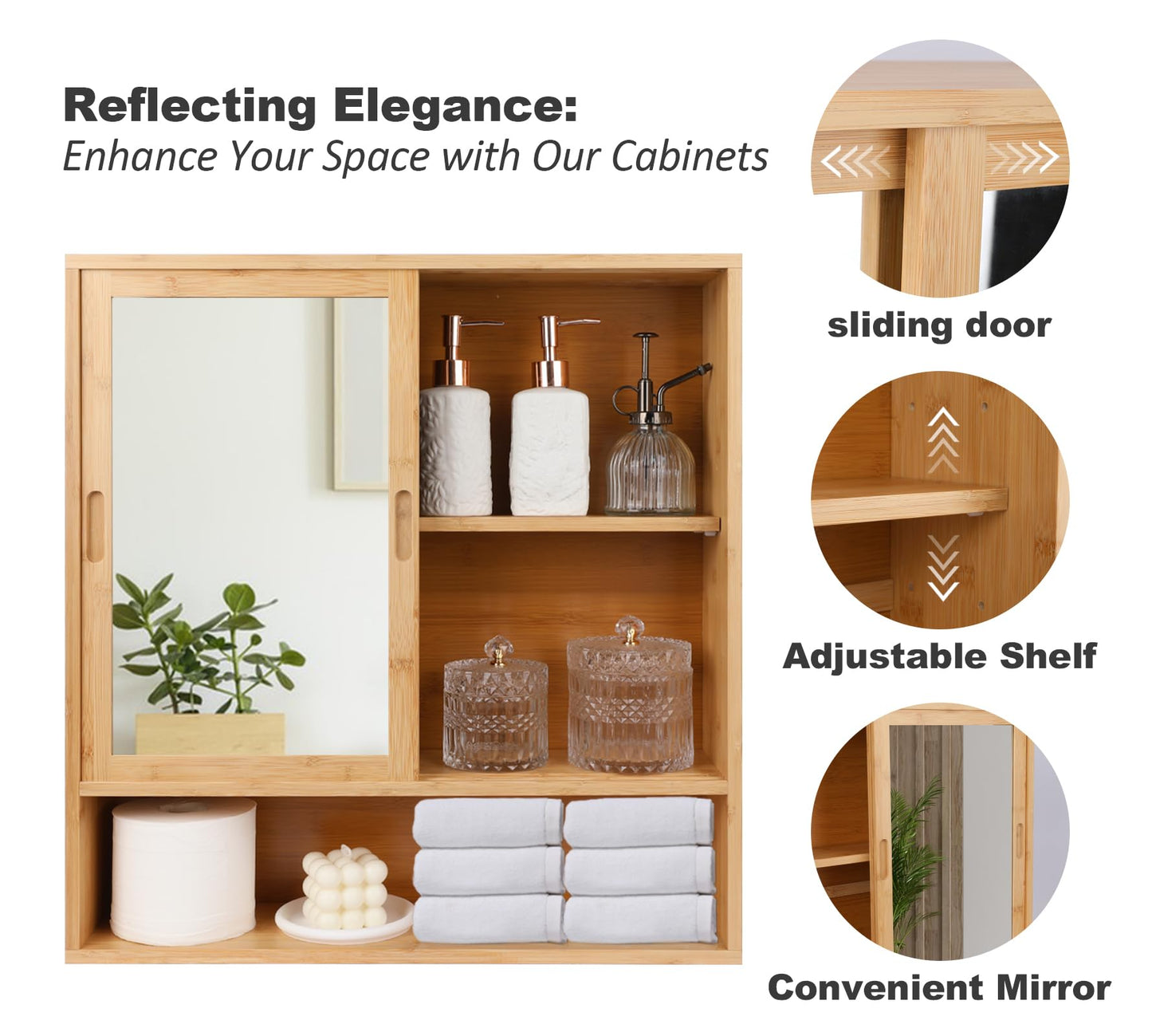 ZYBT Bamboo Bathroom Cabinet,Mirrored Medicine Cabinets,Bathroom Cabinet Wall Mounted with Storage,Medicine Cabinets with Mirror,Over The Toilet Storage with 2 Sliding Doors