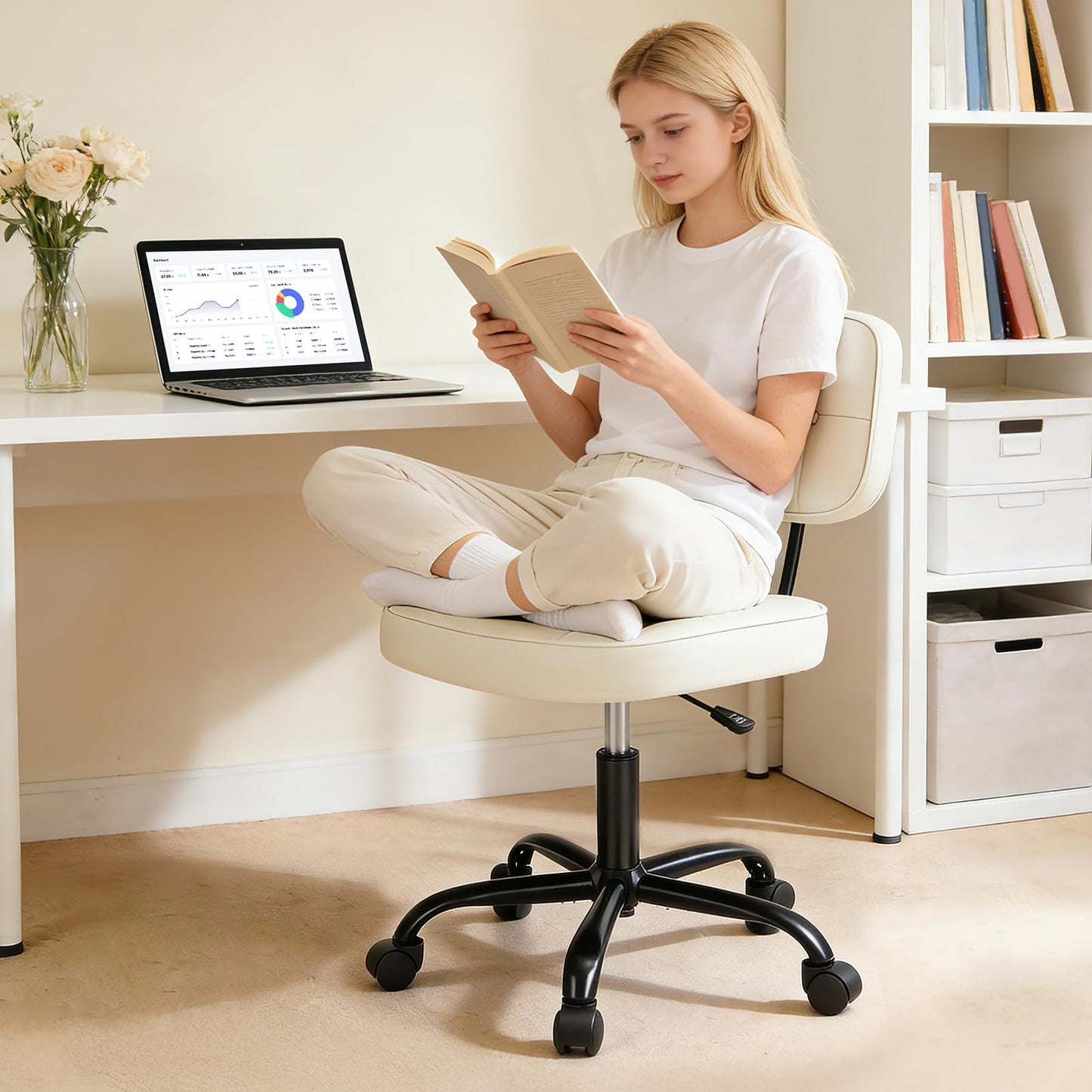 DUMOS Home Office Desk Chair - Ergonomic Armless PU Leather Computer Rolling Task Chair，with Comfy Lumbar Support and Height Adjustable, Vanity, Bedroom, Living Room, Beige