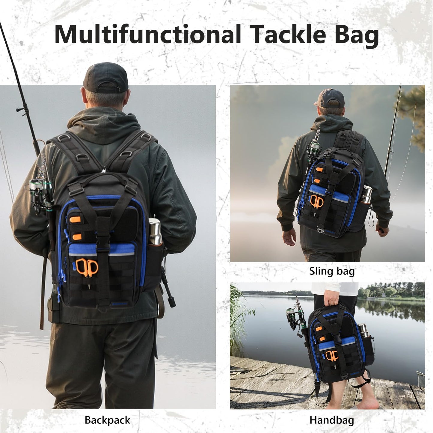 BASSDASH Convertible Fishing Backpack Sling Bag with Rod Holder, Adjustable Tactical Water-Resistant Tackle Storage Pack FP07
