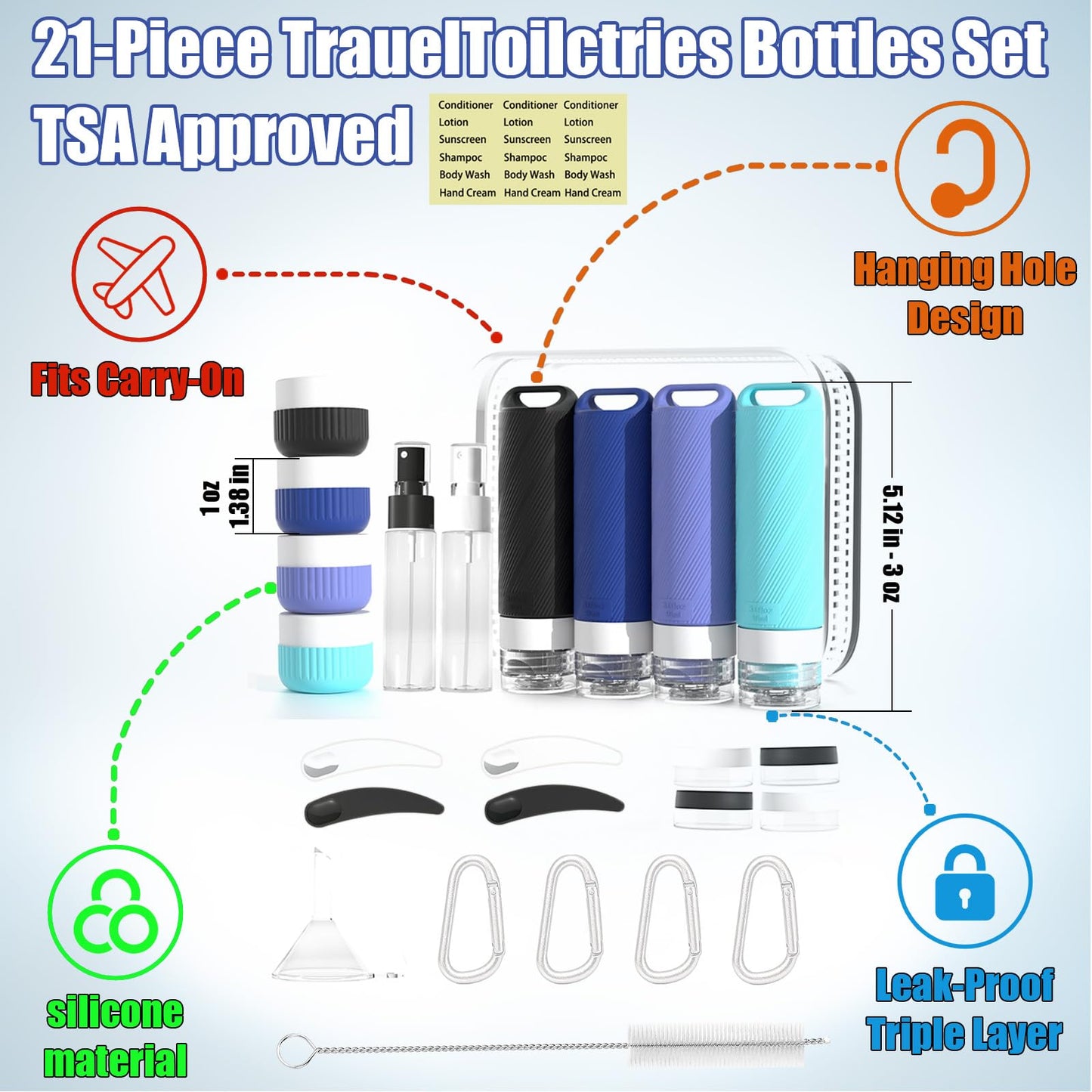 Udihch Travel Toiletry Containers 26Pcs Silicone Leakproof TSA Approved Set