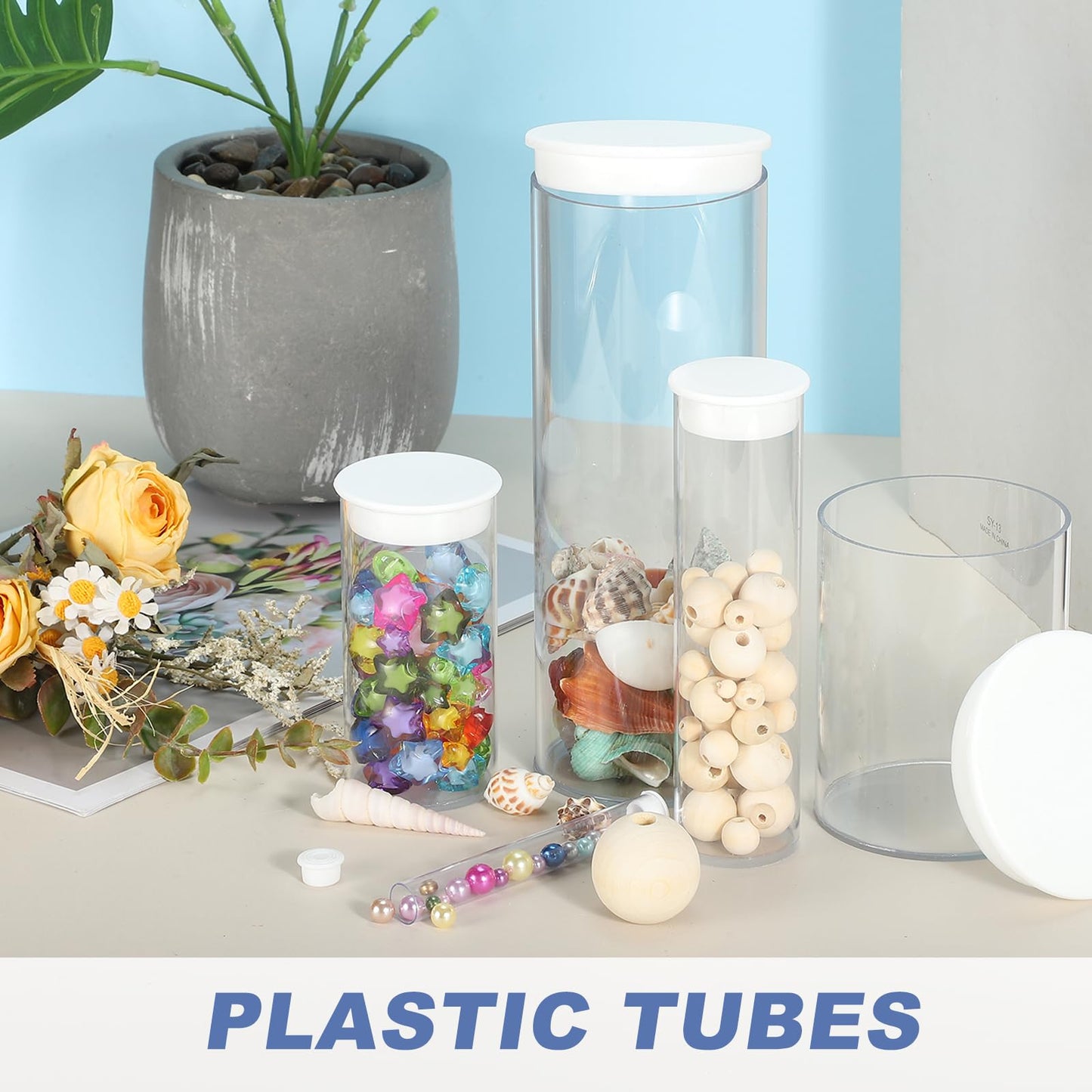 MECCANIXITY Transparent Plastic Storage Tubes, 2 3/4" x 14"(70x350mm) Polycarbonate Clear Rigid Round Storage Tubing with Black Lid, 2 Set