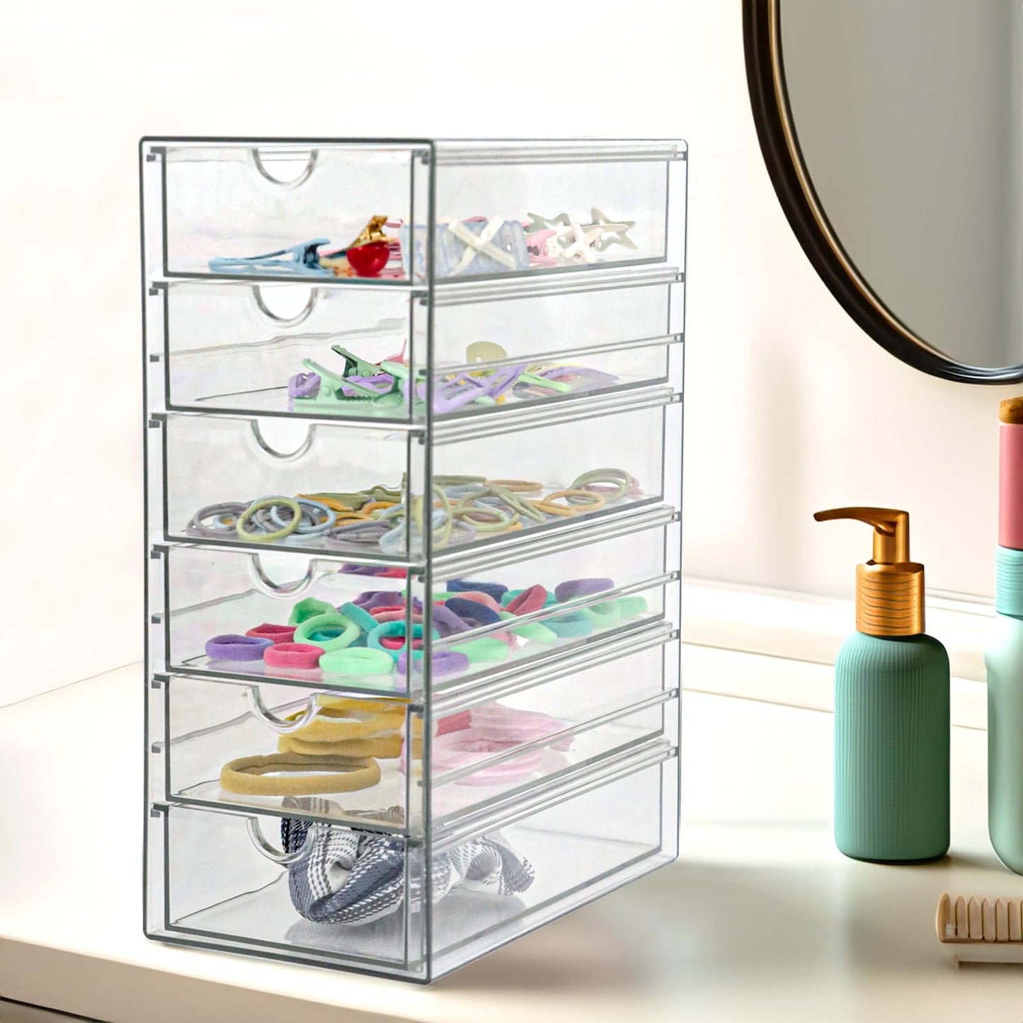 Clear Drawer Organizer, Transparent Plastic Storage Drawers, Hair Accessaries Organizer Case Display Stand, Acrylic Organizers for Organizing Eyeglass, Hair Ties, Accessories (Large - 6-Drawer)