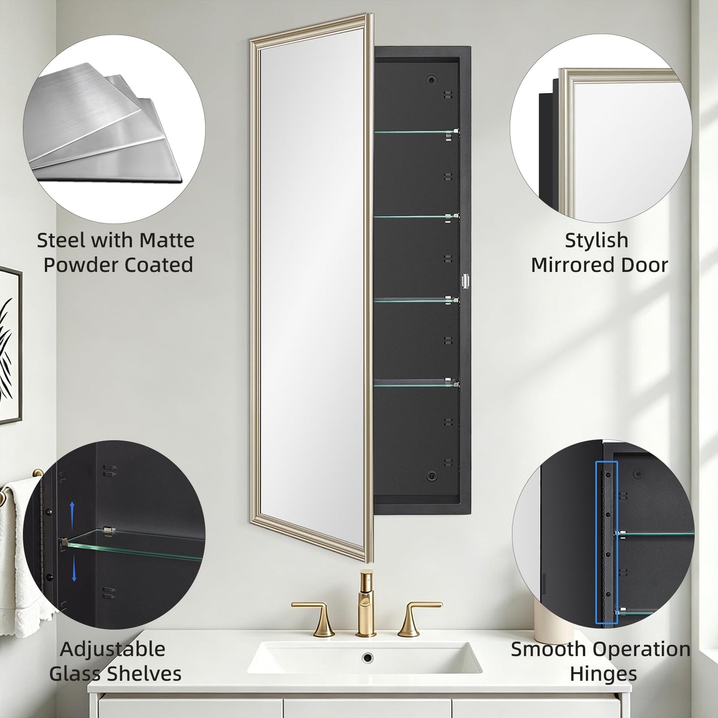 IDYLLOR Black Medicine Cabinet with 16x36 Inch Gold Frame Mirrored Door, Wall Mounted Storage, Recessed or Surface Mount, 4 Adjustable Glass Shelves, Vanity Organizer for Bathroom, Bedroom, Hallway
