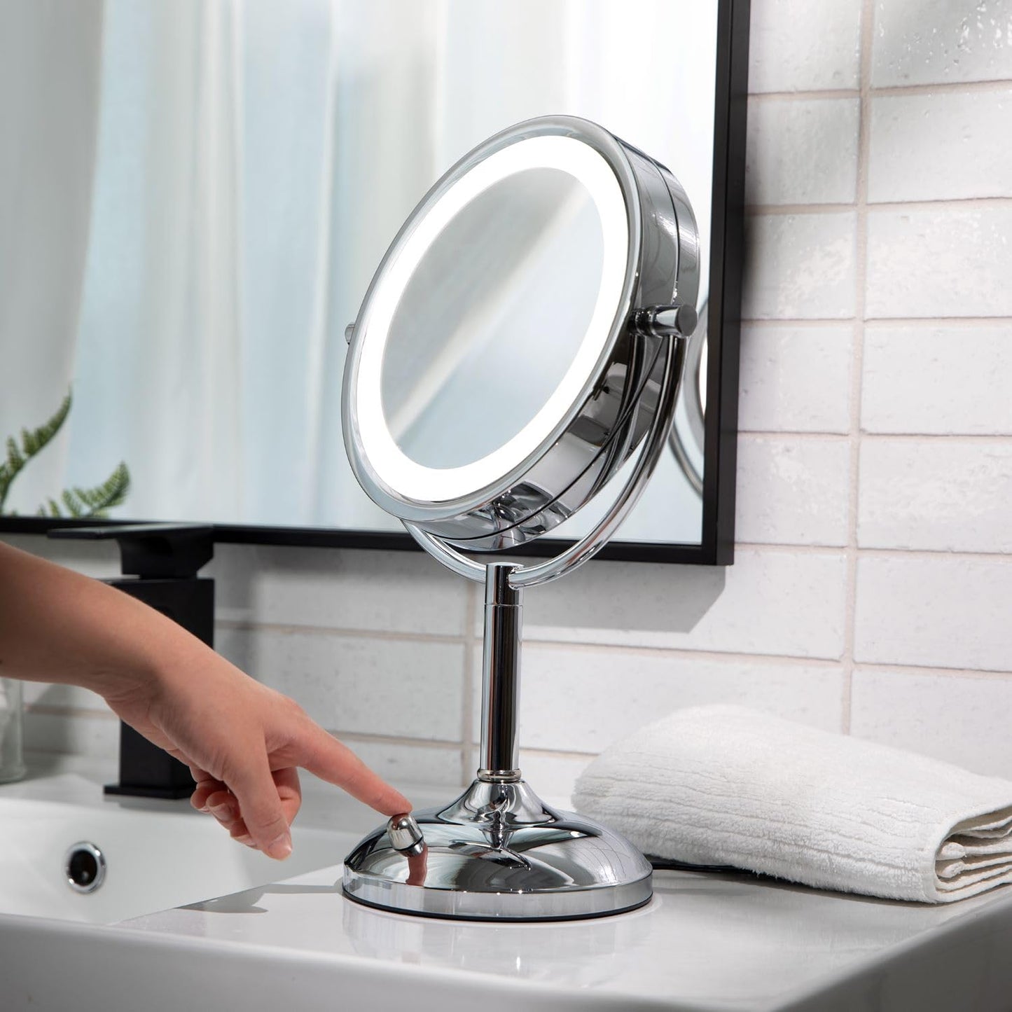 JERDON Lighted Tabletop Mirror with 10X/1X Magnification - LED Lighted Makeup Mirror with Multiple Light Settings in Chrome Finish - 8.5-Inch Diameter Vanity Mirror - Model JS8510BC