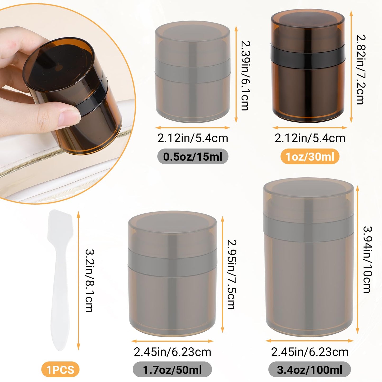 Segbeauty 1oz Refillable Small Airless Pump Jar Amber, 3pcs Empty Travel Size Cream Containers, Mini Vacuum Lotion Travel Bottles for Toiletries, 30ml Pump Dispenser Makeup Containers for Liquids