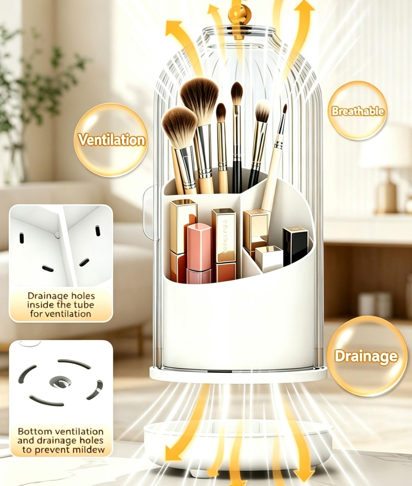 Makeup Brush Holder with Lid Rotating Clear Dustproof Make Up Organizers for Vanity Makeup Brush Storage Box Toothbrush Holders Toothpaste Holder Bathroom Counter Stand Sink Organizer Caddy for Vanity