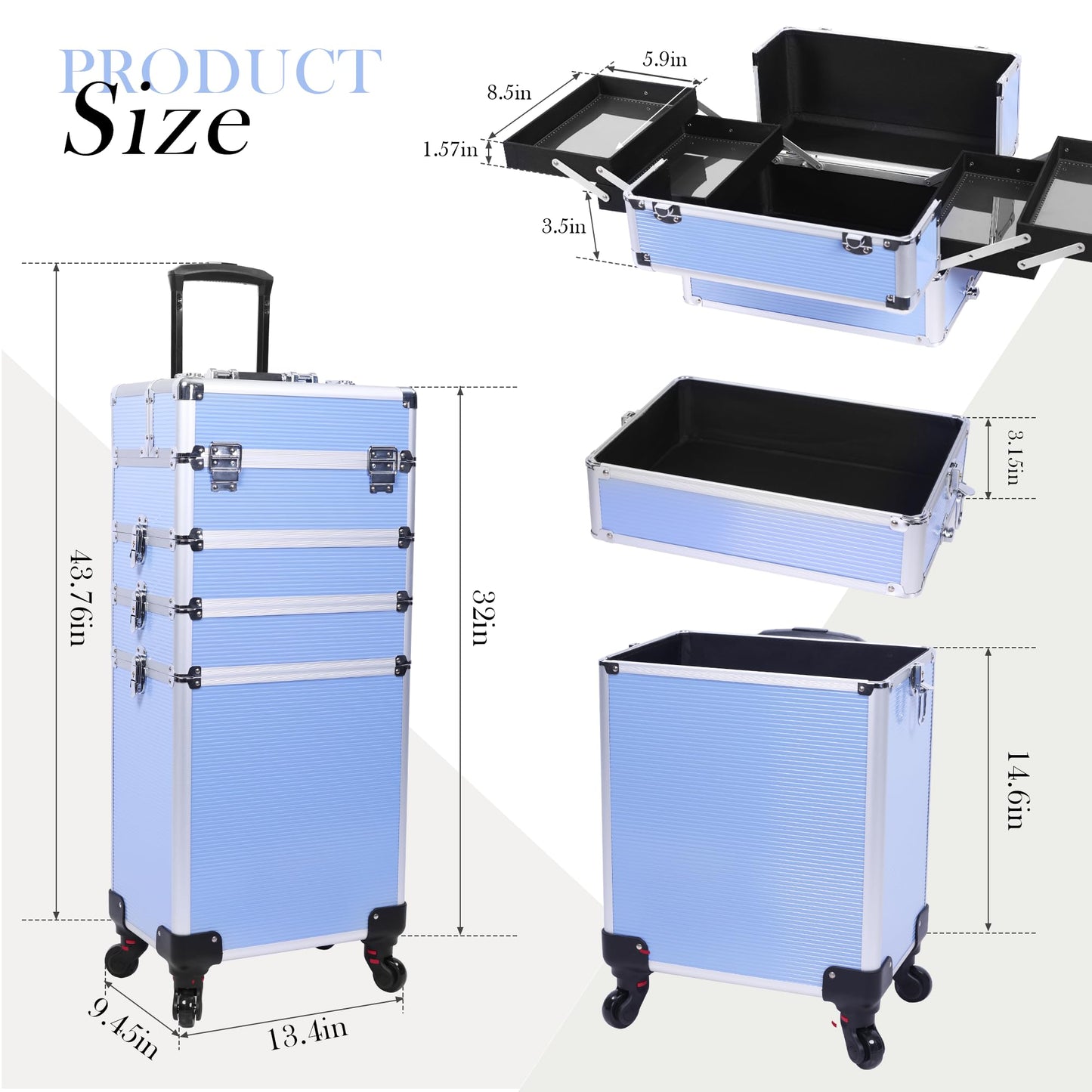 5-in-1 Rolling Makeup Train Case, Large Professional Cosmetic Trolley Organizer on Wheels with 360° Swivel Wheels, Lockable Black Aluminum Travel Case for Makeup Artists, Nail Techs & Hairstylists