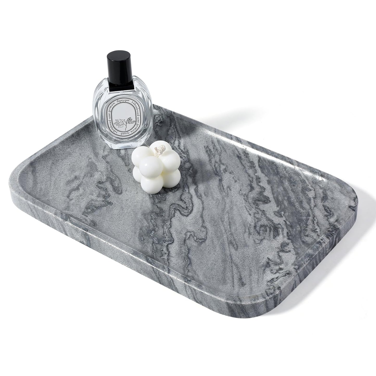 Koville Marble Tray, 12"x8" Natural Marble Vanity Tray for Countertop Bathroom Kitchen Dresser, Decorative Marble Catchall Trays for Perfume Jewelry(Grey)