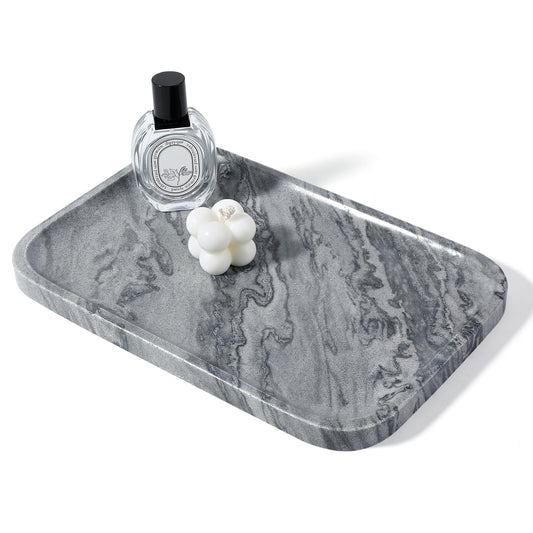 Koville Marble Tray, 12"x8" Natural Marble Vanity Tray for Countertop Bathroom Kitchen Dresser, Decorative Marble Catchall Trays for Perfume Jewelry(Grey)