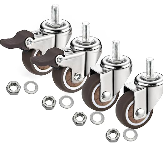 1.25" M6x15 Stem Casters Bolt Threaded Wheels,TPR Mute Rubber Swivel Single Caster Screws in Wheel Small with 2 Brake Locks-Brown