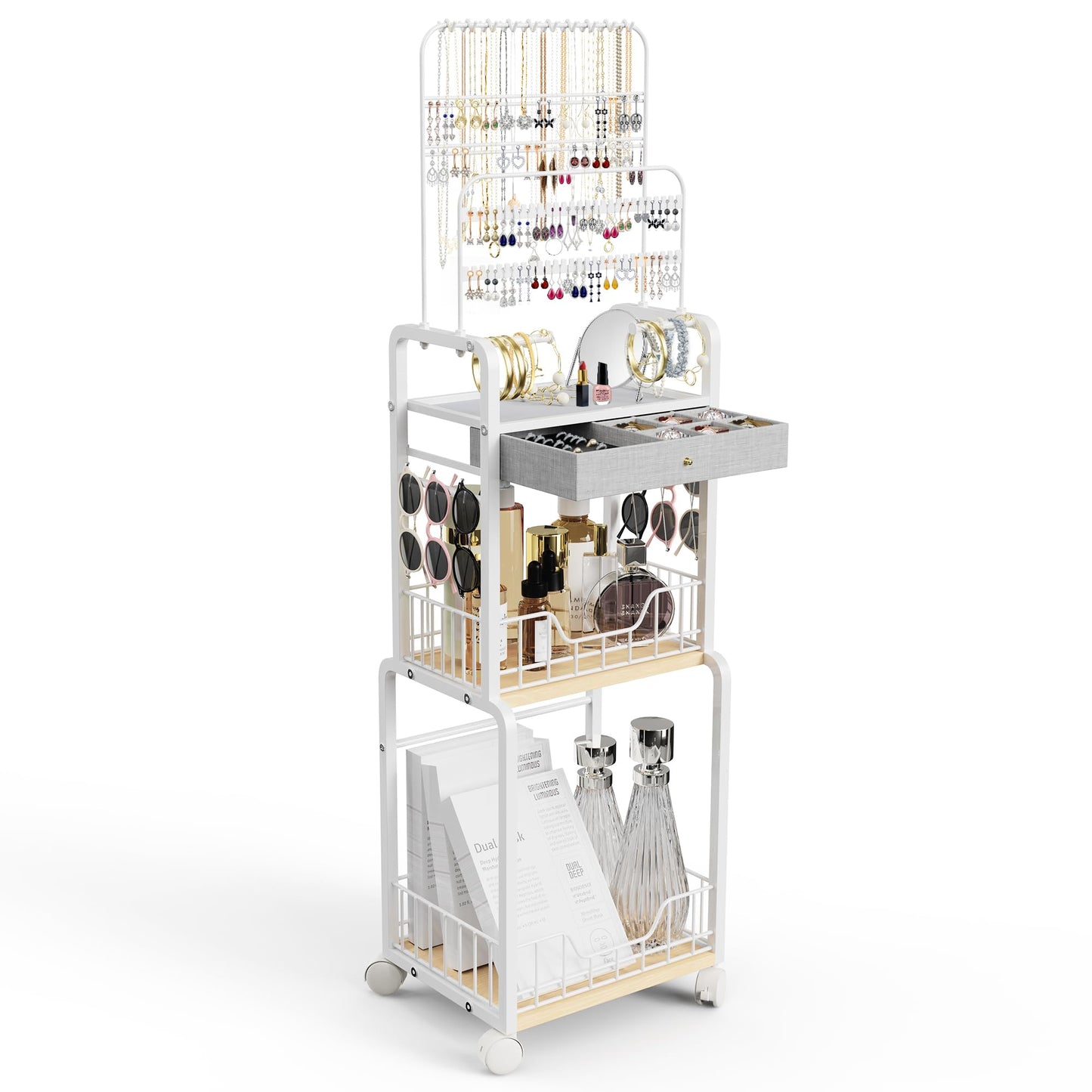 HMIEPRS Large Jewelry Organizer Stand with Box Drawer, Multifunctional Display Cases with Wheels, Armoire Jewelry Cabinet for Earring Necklace Ring Bracelet Makeup