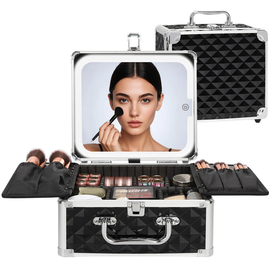 Relavel Makeup Bag with LED Mirror, Makeup Box Travel Train Case with Rechargeable Lighted Mirror, Cosmetic Brush Organizer Storage for Makeup Artists Gifts for Women and Girls (Black Quilted, Small)
