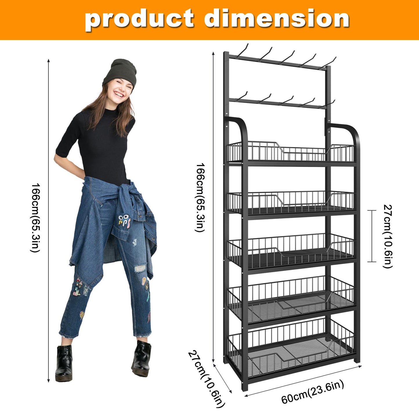 GZAODMCP 5 Tier Snack Display Rack, Retail Organizer with Hooks, Candy Potato Chip Storage Shelf, Snack Storage Organizer for Supermarket Stores Kitchen (23.6x10.6x65.3 in)