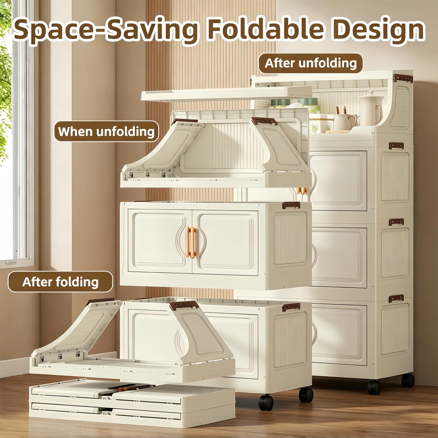 217QT Stackable Storage Bins with Lids & Rack, 5 Tier Large Capacity Foldable Storage Cabinet, Clear Collapsible Pantry Organizer for Home, Kitchen, Bathroom, Dorm, Office, White