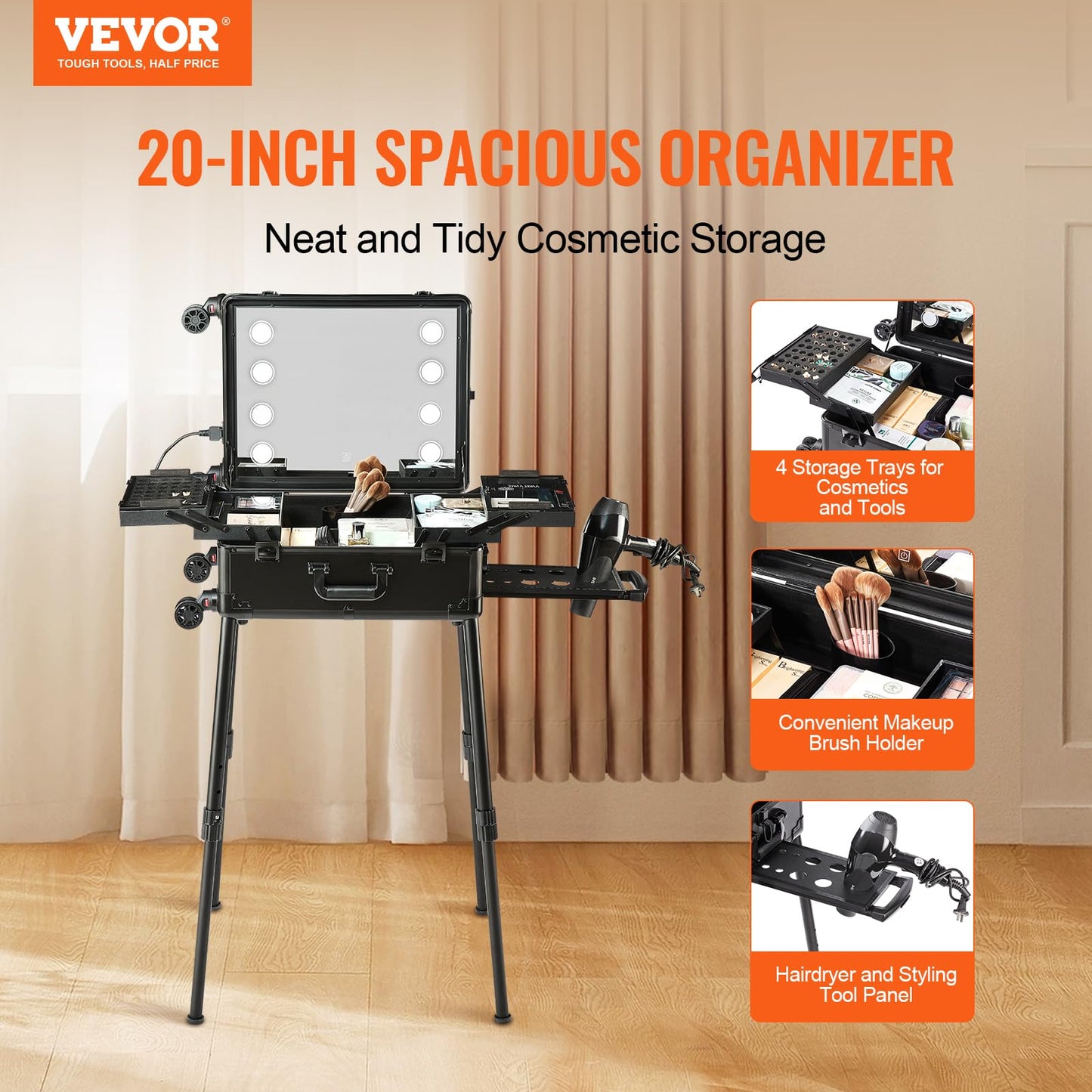 VEVOR Makeup Train Case with Lock, Lighted Mirror, 4 Storage Trays, Brush Holder, Travel Cosmetic Organizer Box w/Swivel Wheels, Professional Artist Trolley Studio Free Standing Case