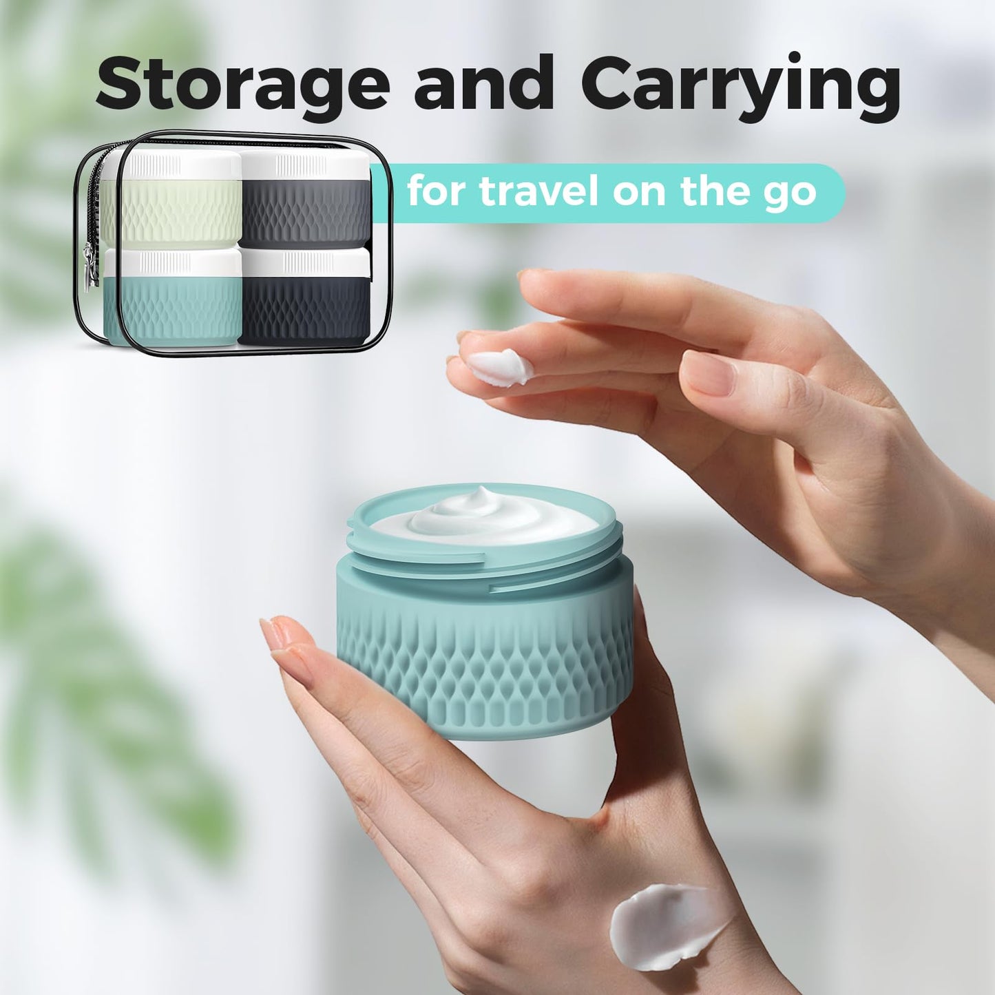 BPA Free Silicone Cream Jars - TSA Approved 2oz Travel Size Containers, Leak-proof with Lid for Cosmetic, Face, Hand, Body Glitters
