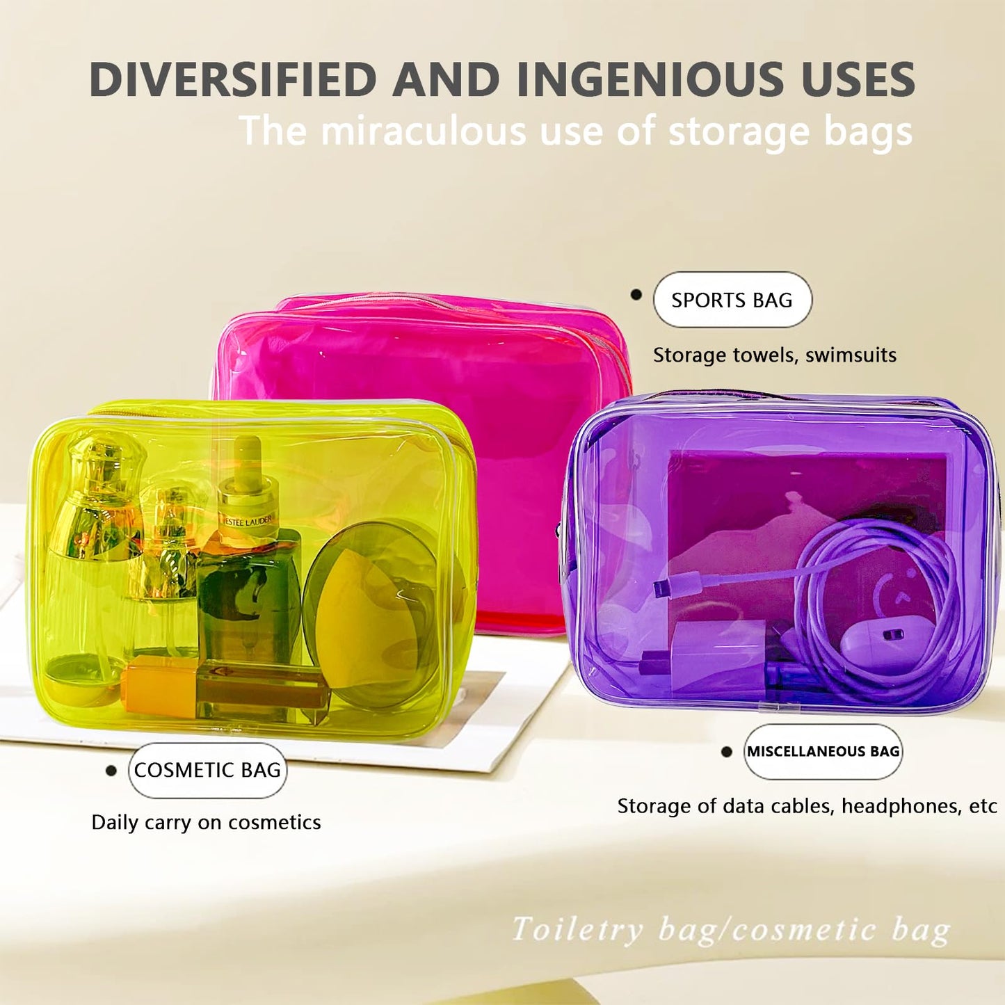 TotePrint 5 PCS Portable Waterproof Solid Makeup Bag Set for Travel, Clear Makeup Bag with Zipper for Purse Brush Bag Pen Pouch (Vivid Group)