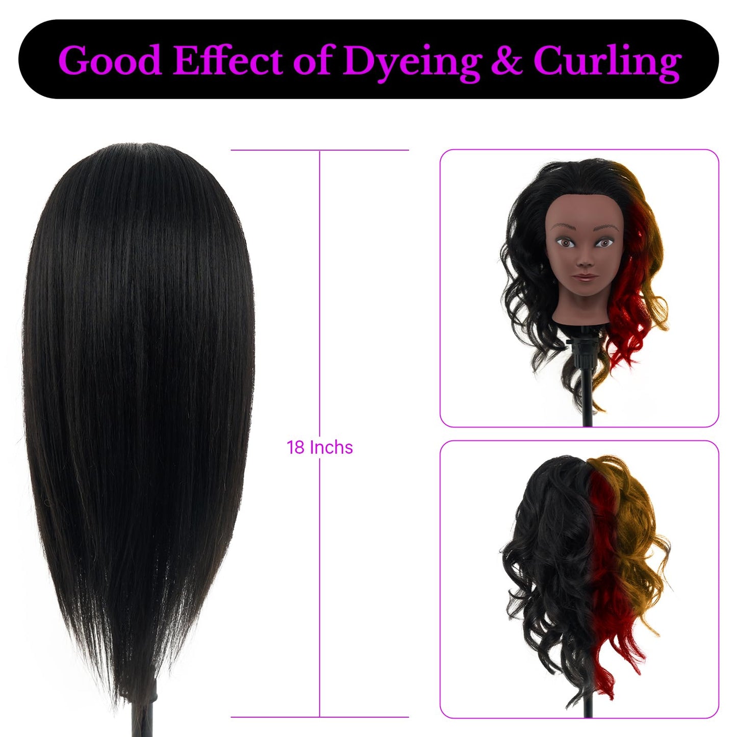 100% Mannequin Head Human Hair,18" Real Hair Mannequin Head,Cosmetology Manikin Doll Head for Hair Styling,Practice Dying, Braiding Curling Training Head with Table Clamp,Black