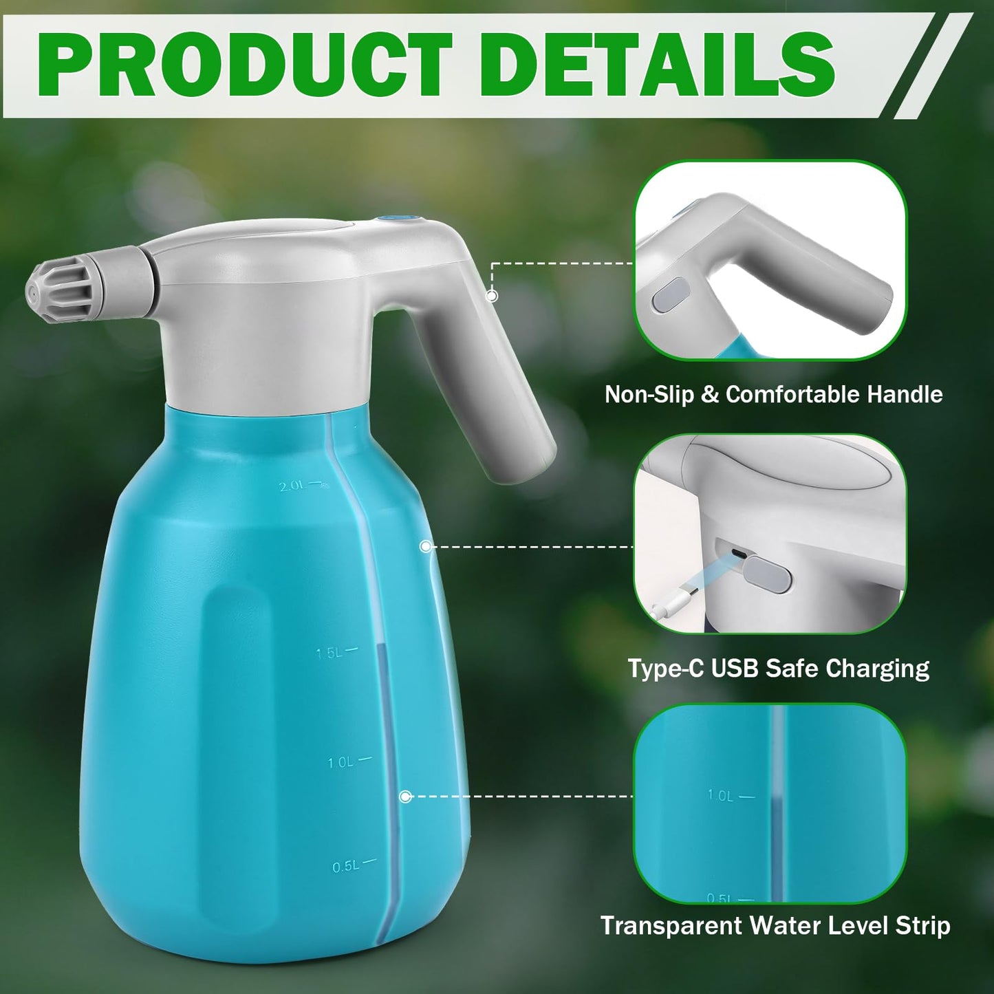 GESTONE Electric Spray Bottle 2L/0.5 Gallon Plant Mister, Automatic Watering Can Rechargeable Battery Powered Garden Sprayer with Adjustable Nozzle for Plants Fertilizing,Weeding and Cleaning