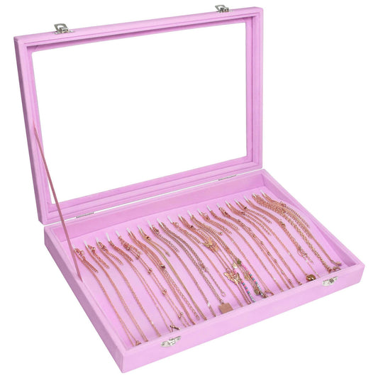 Siveit Necklace Organizer Box Premium 20 Hooks Velvet Necklace Display Jewelry Tray with Transparent Lid Jewelry Necklace Display Box for Necklace Pendants Suitable for Women and Girls (Pink)