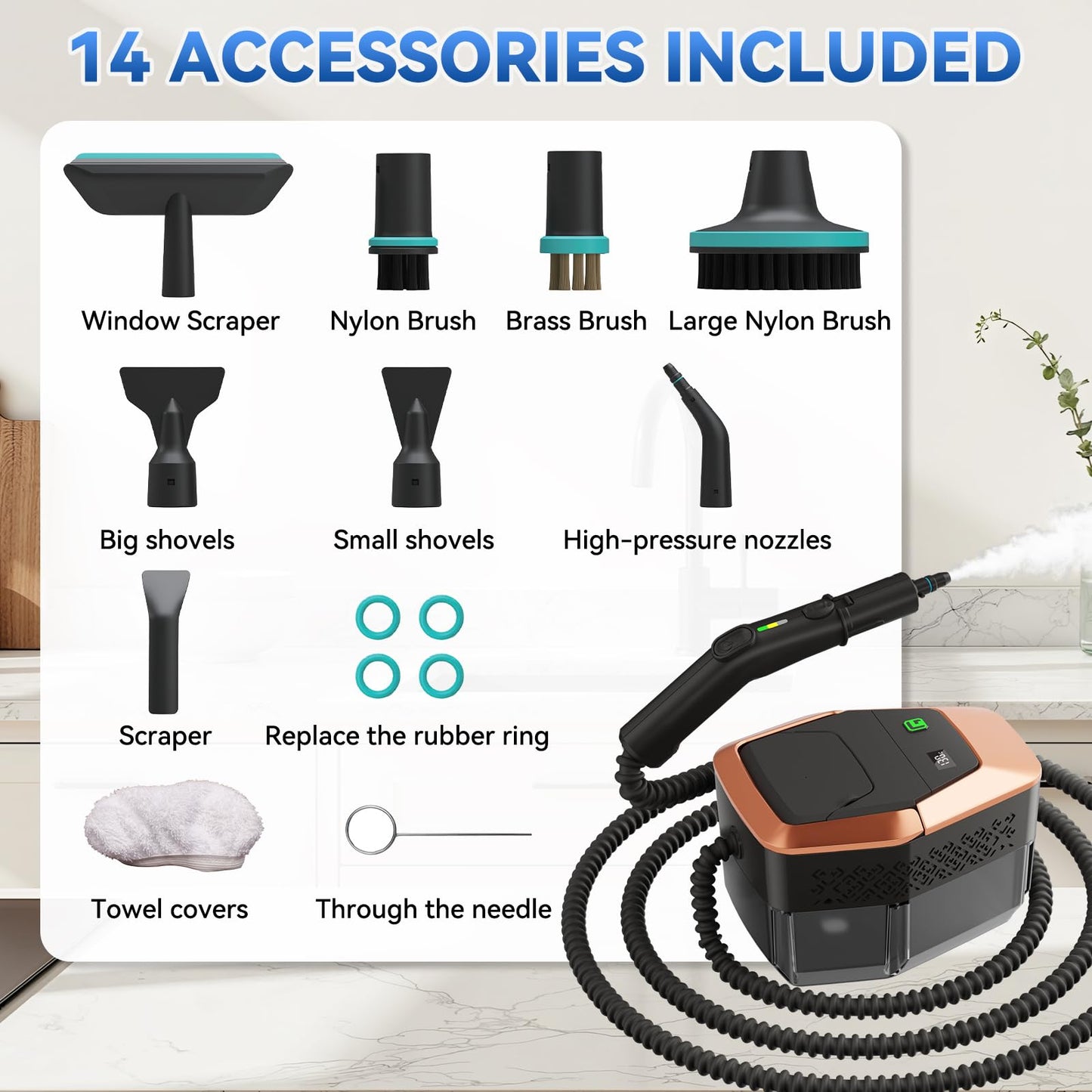Gsskny Steam Cleaner, 3-Level Adjustable Handle, 15s Heat-Up, Steamer for Cleaning With 1.8L Large Tank, Handheld Steam Cleaner for Home, Bathrooms, Tile,Car. Dry Burn Protection(14pcs Accessories)