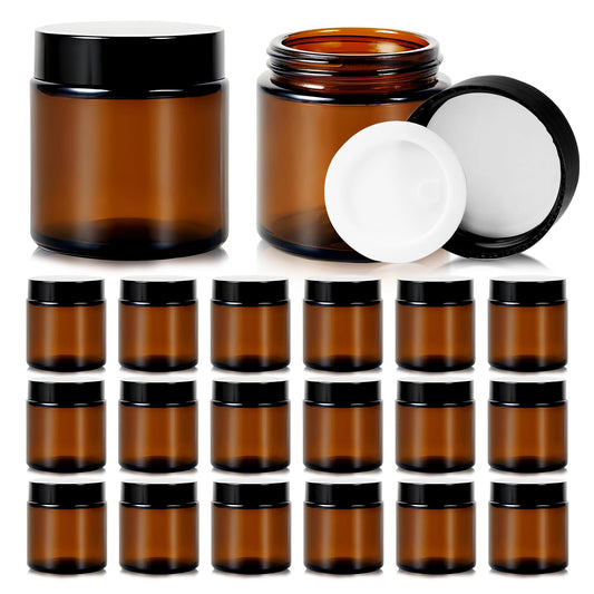 Nexboraque 30 Pack 4oz Small Glass Jars with Black Lids, Round Amber Cosmetic Container with Inner Liners for Lotion, Cream, Ointments, Makeup, Eye shadow, Rhinestone, Samples, Pot, Travel Storage