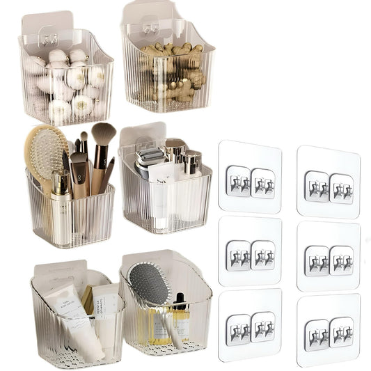 6Pack small Wall Mount Organizer, Adhesive Cabinet Door Storage Bins, Clear Makeup Container, Stackable Organizer Basket for Kitchen, Bathroom, rv, Pantry, Office，Refrigerator Small Items storage