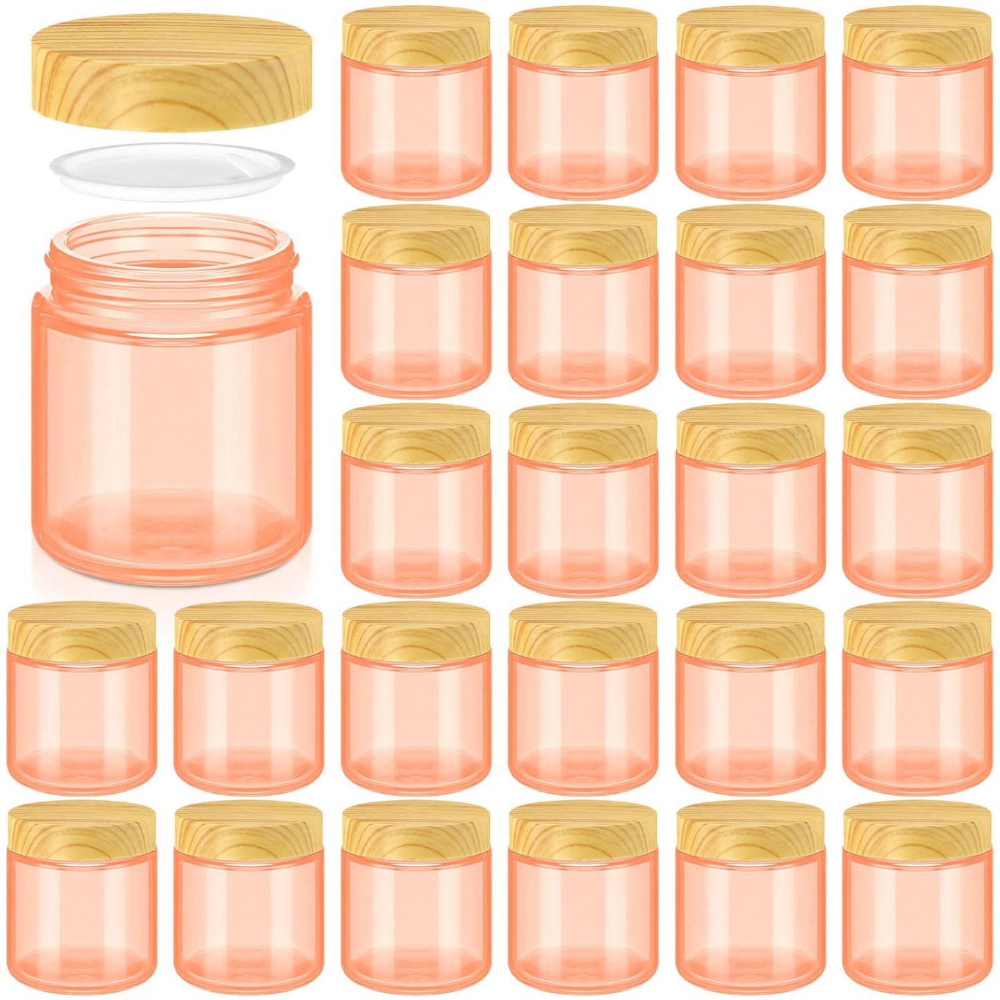 Norme 24 Pcs 4 oz Glass Jars with Lids Empty Small Glass Containers and Inner Liners Reusable Cosmetic Jars Round Airtight Bottles with Plastic Woodgrain Lids for Storing Lotion (Coral Pink)