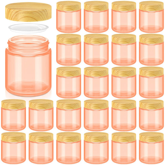 Norme 24 Pcs 4 oz Glass Jars with Lids Empty Small Glass Containers and Inner Liners Reusable Cosmetic Jars Round Airtight Bottles with Plastic Woodgrain Lids for Storing Lotion (Coral Pink)