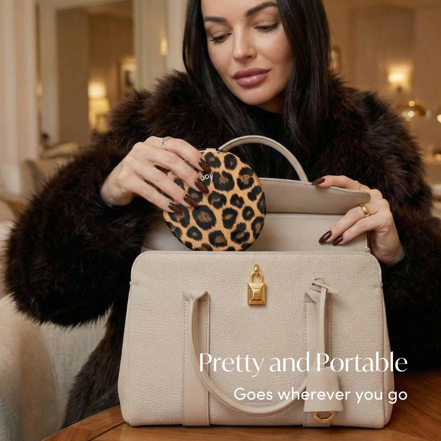 Fancii Taylor LED Lighted Travel Makeup Mirror, Rechargeable, 10x /1x Magnifying, Tru-Glow Lighting System, XL Large 5” Wide | Compact Mirror for Purses (Cheetah Chic)