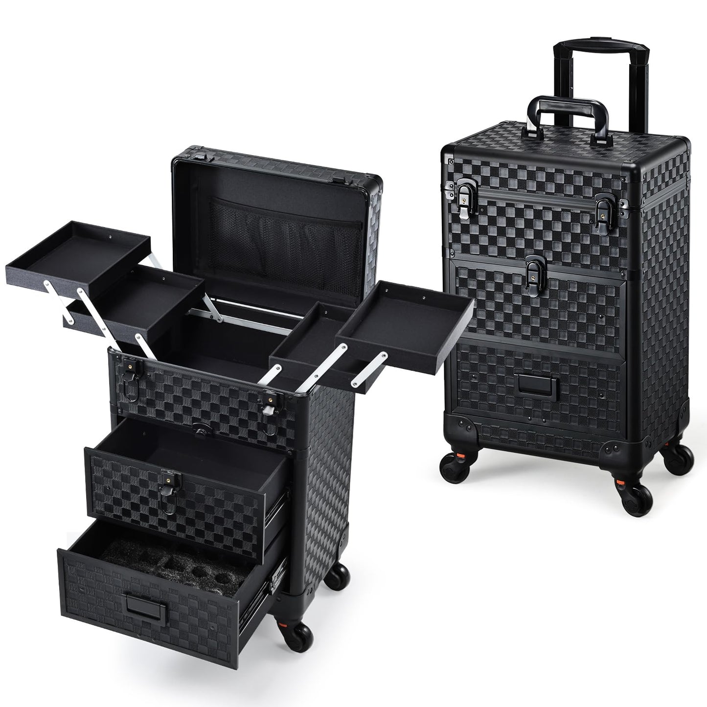 Stagiant Rolling Makeup Case with Drawers Cosmetology Case on Wheels 3 IN 1 Makeup Case 2 Drawers with Foot Stand Spring-release Mechanism Rolling Make Up Organizer for Artist Salon Nail Teach Trunk