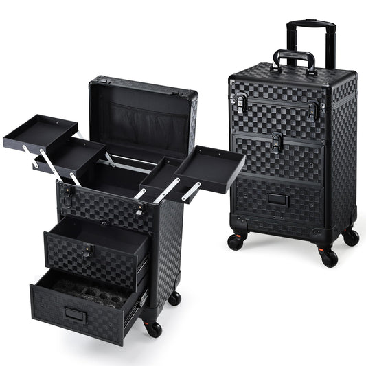 Stagiant Rolling Makeup Case with Drawers Cosmetology Case on Wheels 3 IN 1 Makeup Case 2 Drawers with Foot Stand Spring-release Mechanism Rolling Make Up Organizer for Artist Salon Nail Teach Trunk