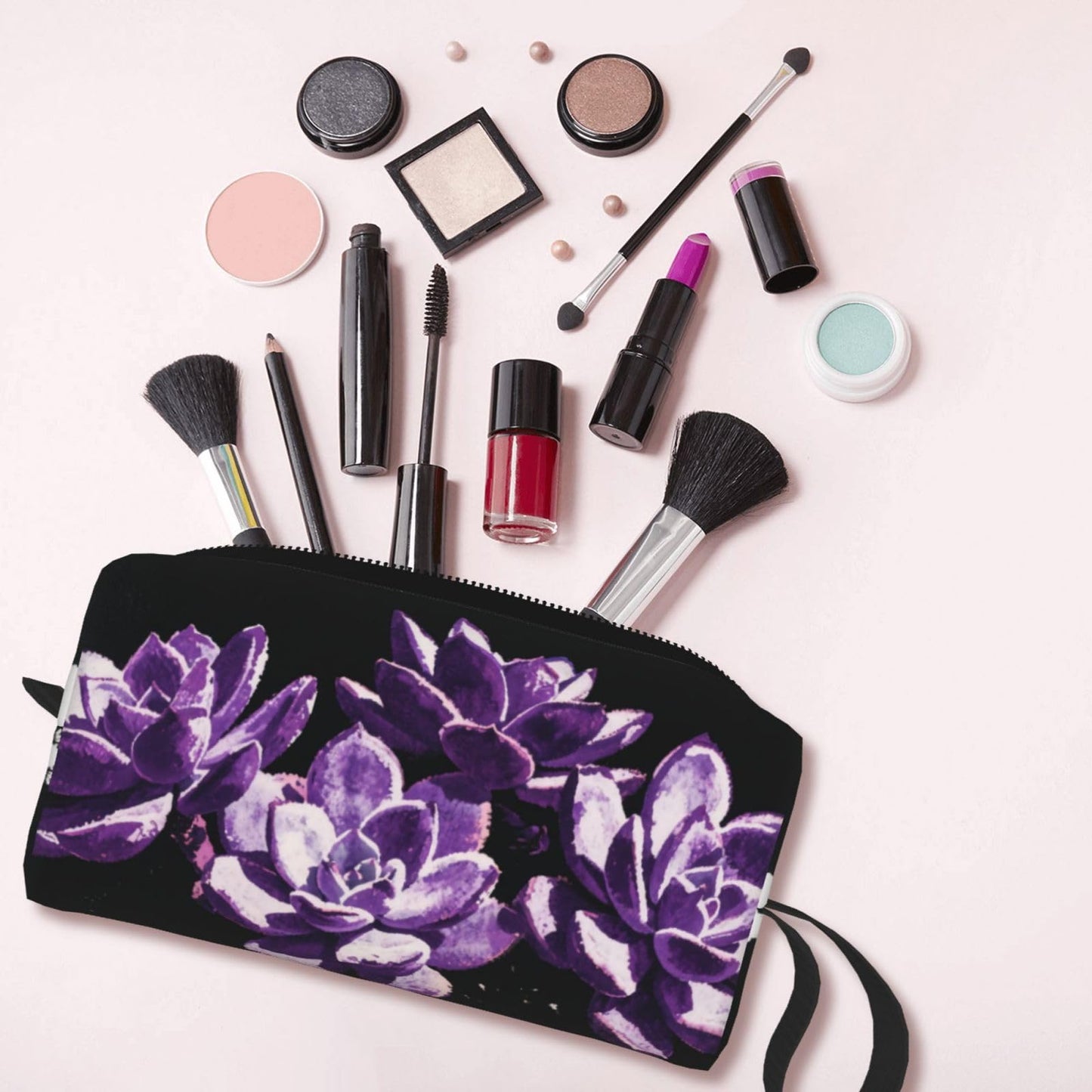 OLUSENMO Purple Succulent Makeup Bag Small Compact & Durable Travel Cosmetic Bag Organizer Oxford Fabric Impact-Resistant Multi-Purpose Storage Perfect for Travel, Gym, Daily Use