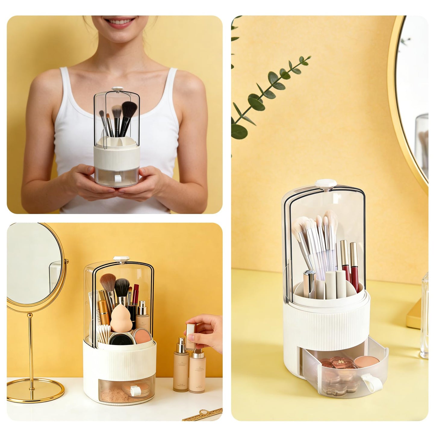 DHSUN Makeup Brush Holder With Lid, 360° Rotating Makeup Brush Organizer With Drawer, Toothbrush Holder With Cover & 7-Compartment (White)